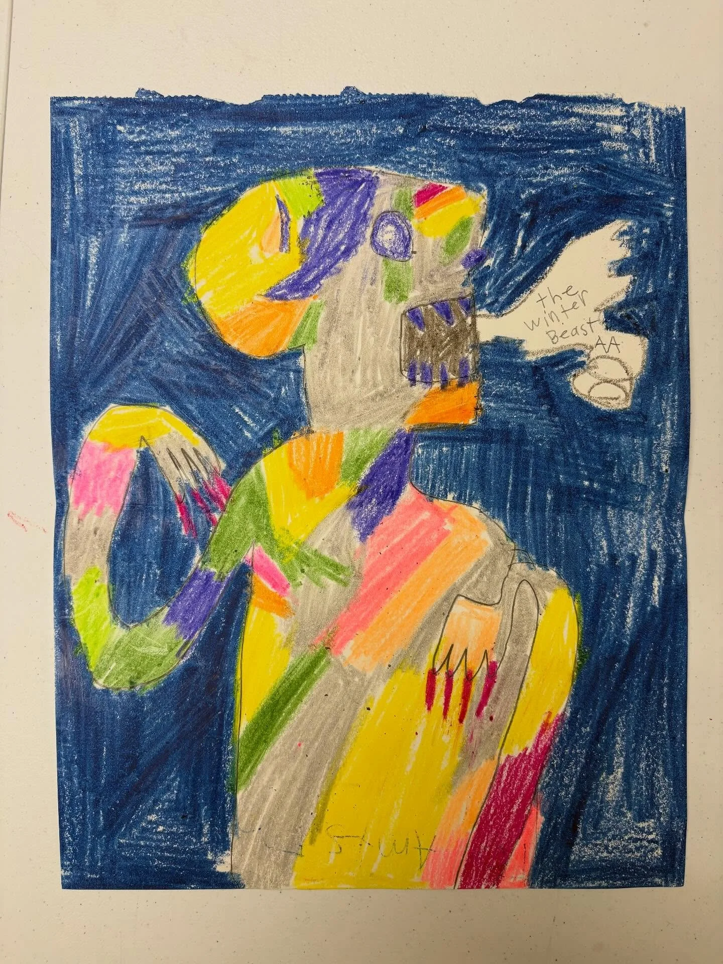 Adam&rsquo;s been working on a couple renditions of the Winter Beast. 
Picture 1 - Crayon and pencil on mixed media paper. 
Picture 2 - in progress - embroidery and cyanotype on fabric. 
Picture 3 - Amy S original Winter Beast. Oil pastel and color m