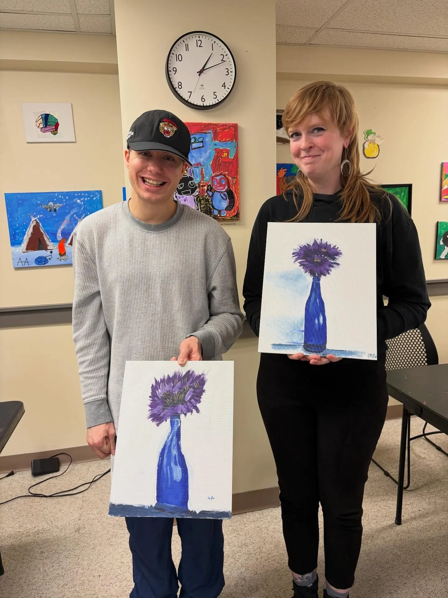 Spring time art!
Picture 1 - Adam and @vvickedvvoman painted a still life of a blue vase with flowers. 
Picture 2 - Kellen colored a wooden watering can and added pipe cleaner/bead water to the spout. 
Picture 3 - Gail made a blue dress
.
.
.
#acryli