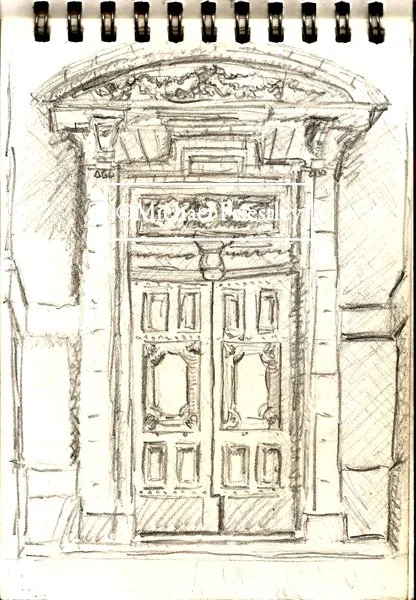 Sketchbook, Cathedral Door, Toulon, Cote d'Azur, 1990, pencils.