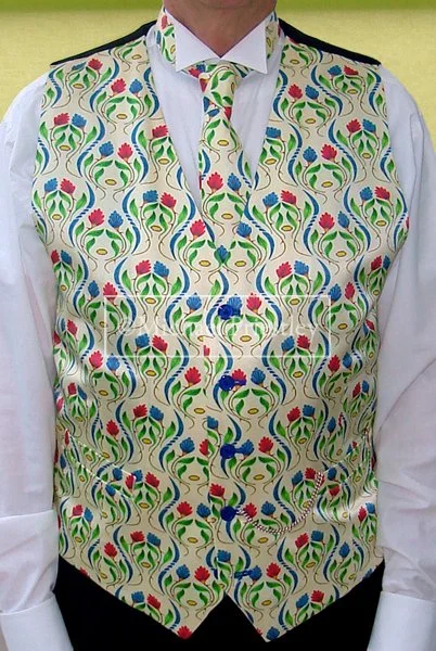 Silk Waistcoat and Tie, Arabesque pattern, references to Genesis 1 v 11-13, BR station Totems, Blue Dash Charges, underlying biological and spiritual natures. 2025. 3.