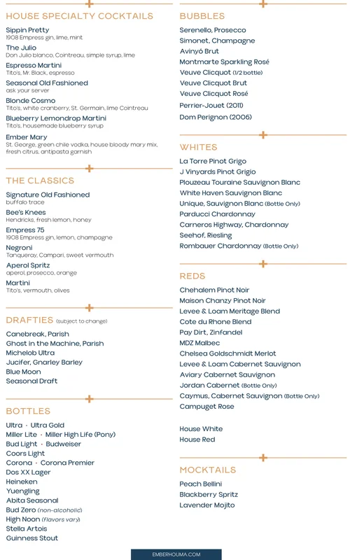 Menu - Ember Kitchen + Cocktails — Your Site Title