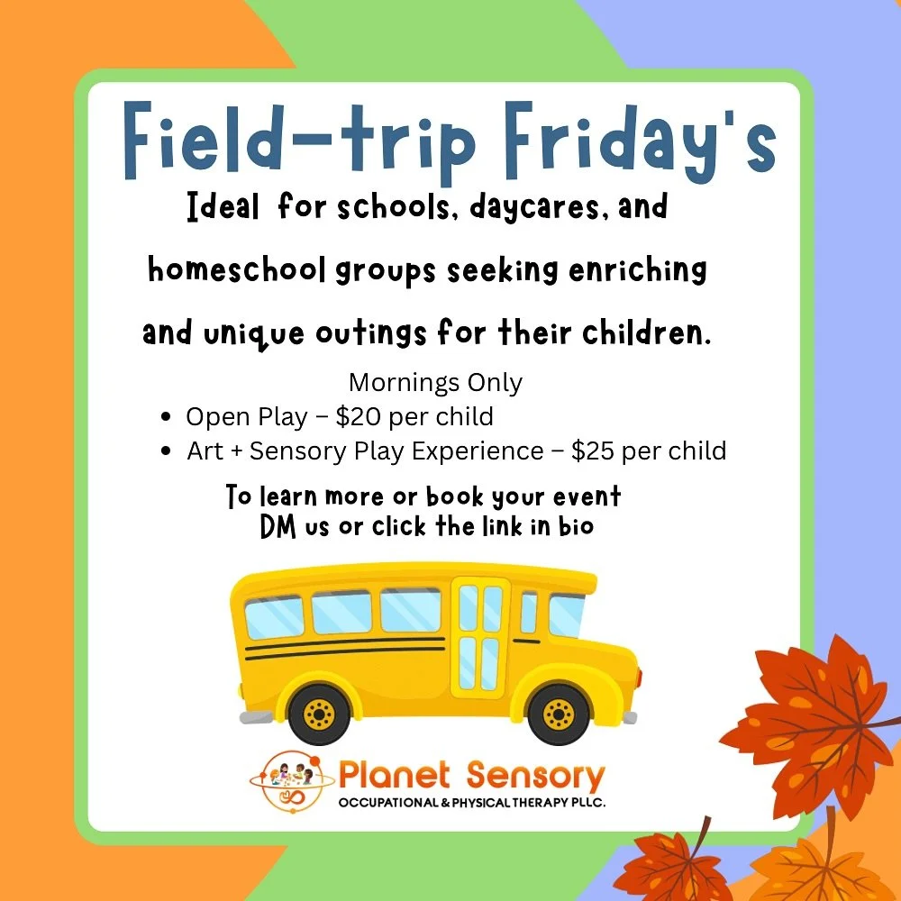 🟢 Class Trip Fridays

🚸 Class Trip Fridays are here!
Bring your school, daycare, or homeschool group to our state-of-the-art sensory gym for a fun-filled morning of play and exploration.
🎟 Open Play &ndash; $20/child
🎨 Art + Sensory Play &ndash; 