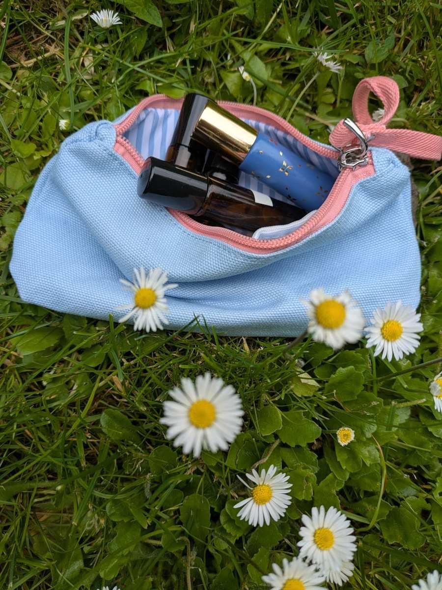 Hellblaue Kosmetiktasche mit Roll-ons auf einer Wiese zwischen Gänseblümchen