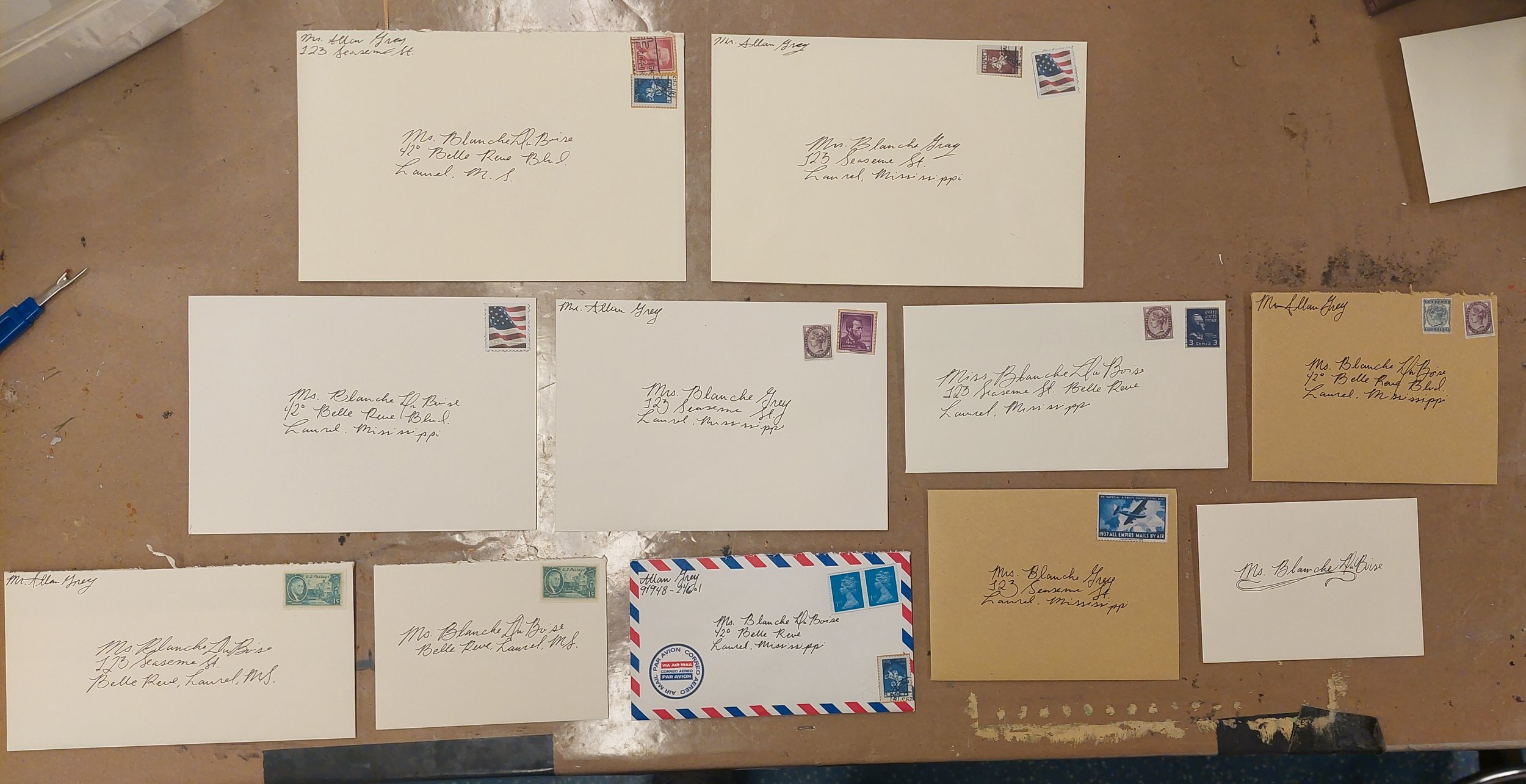 Set of love letters for Blanche. Given free reign within the direction of "10-ish letters from Blanche's ex-husband." Started with researching period letters and the characters to find an appropriate address/handwriting style.