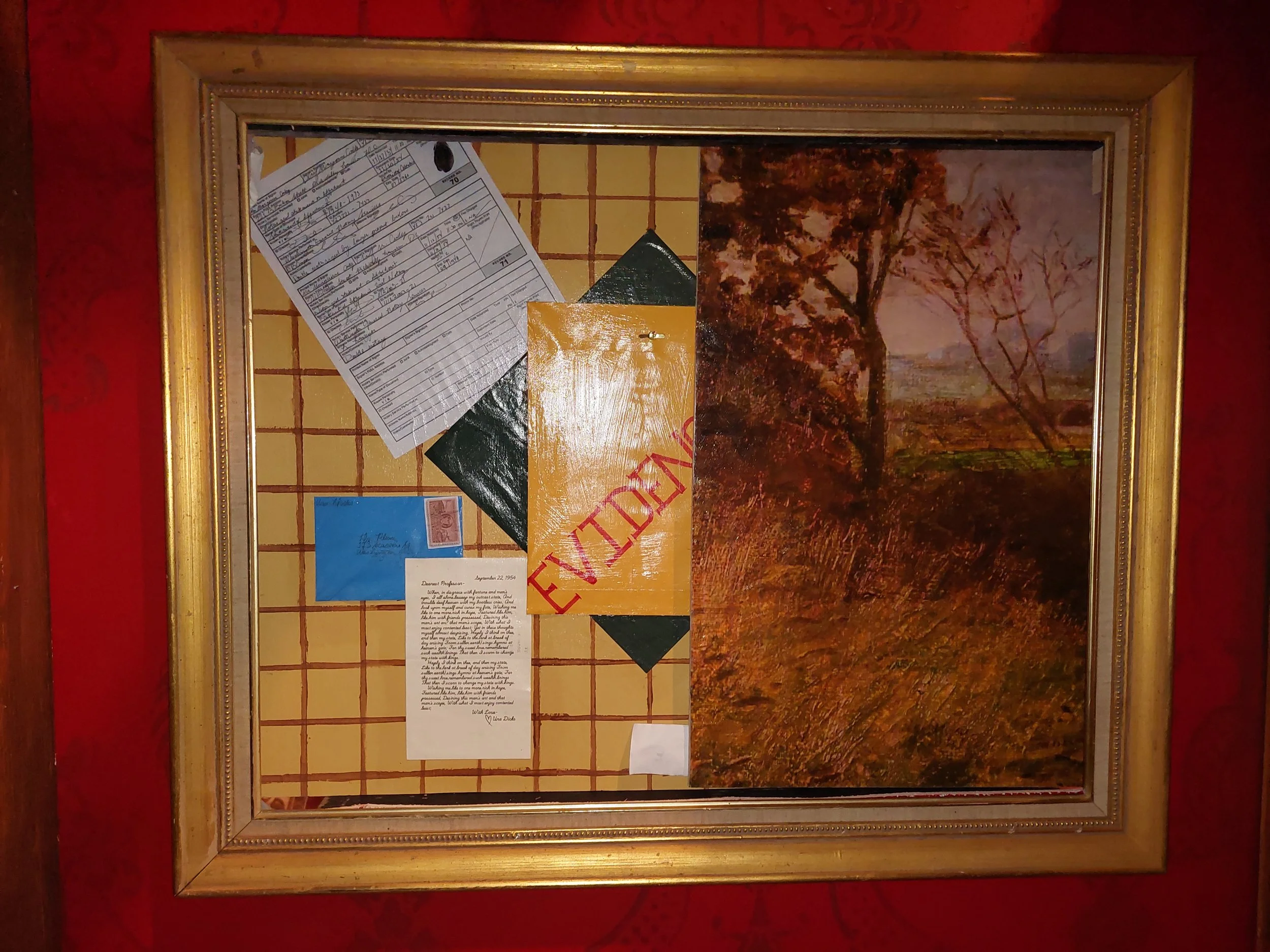 FInal Evidence Panel. A cutout in the wall allows the painting to slide to one side revealing the Evidence Panel. The two panels sit in a piece of hogstrough on the upstage side of the wall and are moved by a stagehand.