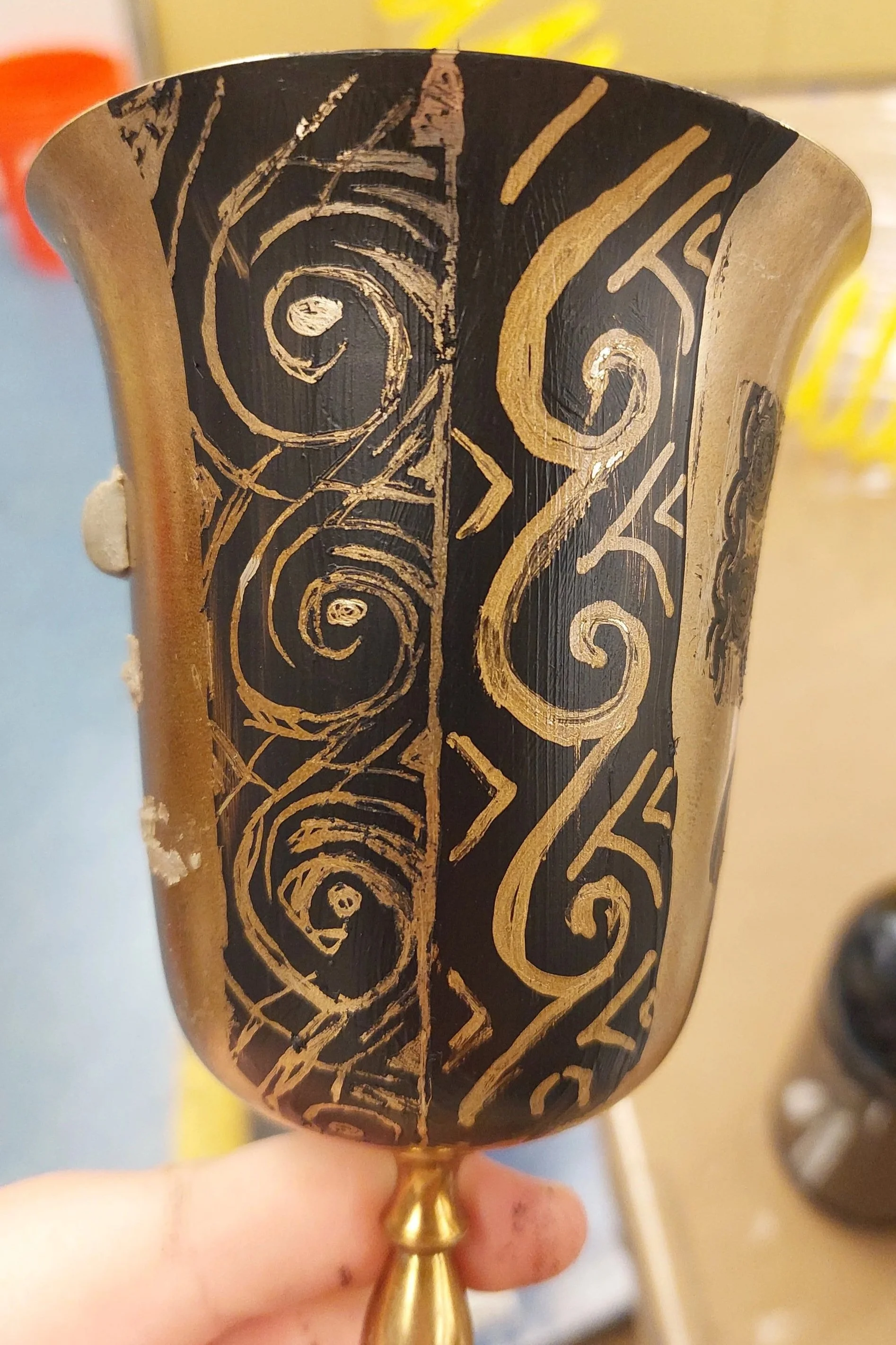 Second method test, making spiral shapes look etched/inlaid. Left: painting black then scraping away. Right: Painting black then painting gold with paint pen. Larger this time as per the designer's request. 