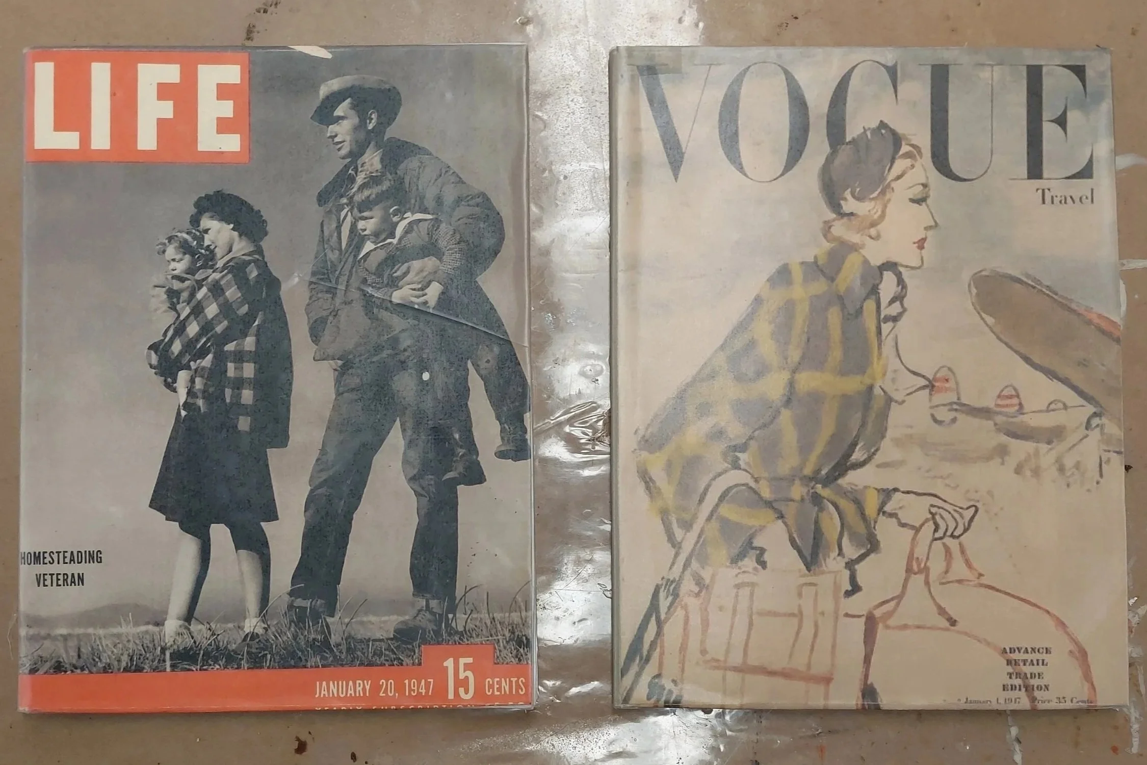 Recreated and laminated magazine covers, front. 