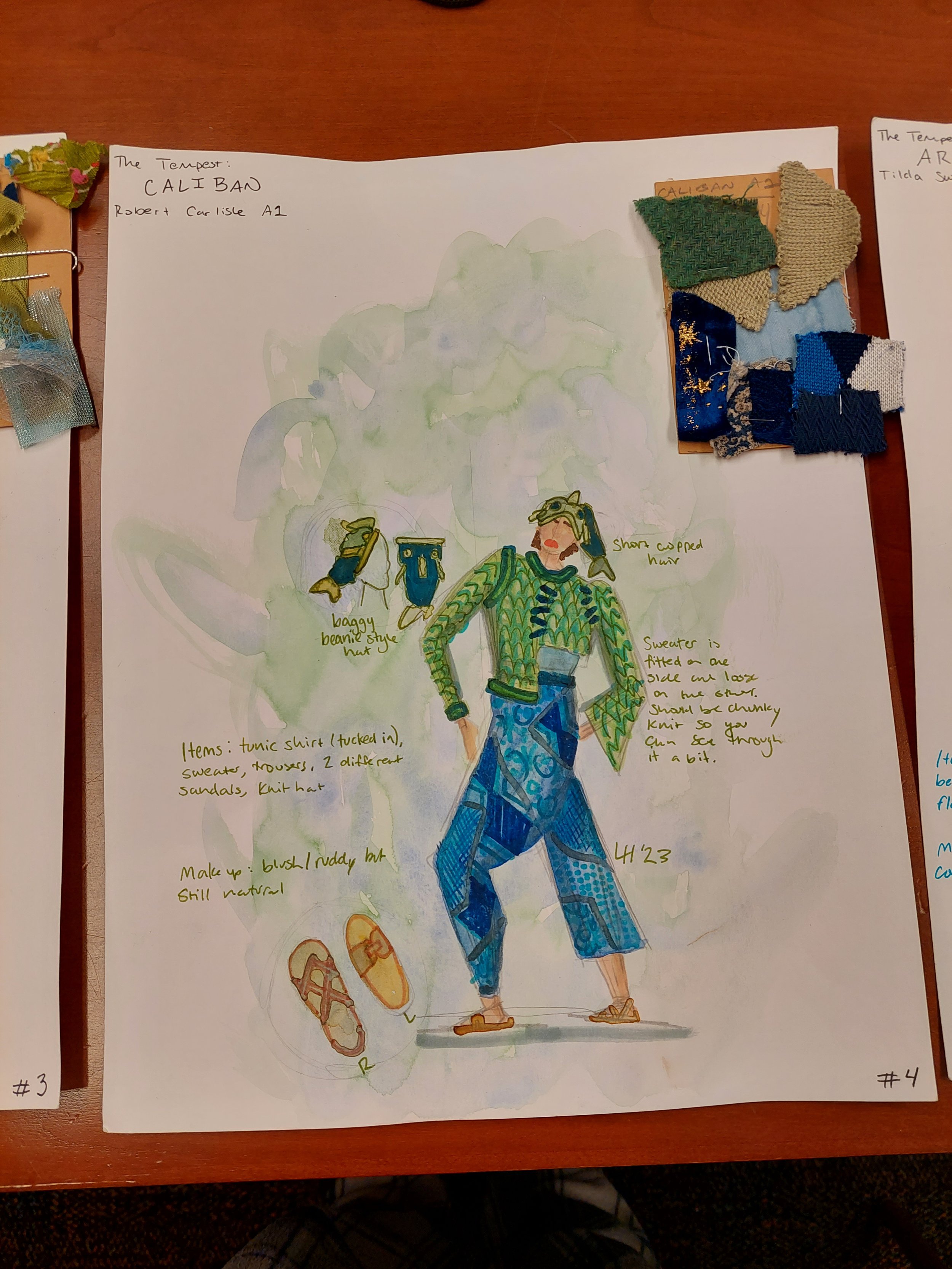 Costume design classwork, Caliban from the Tempest with swatch card.