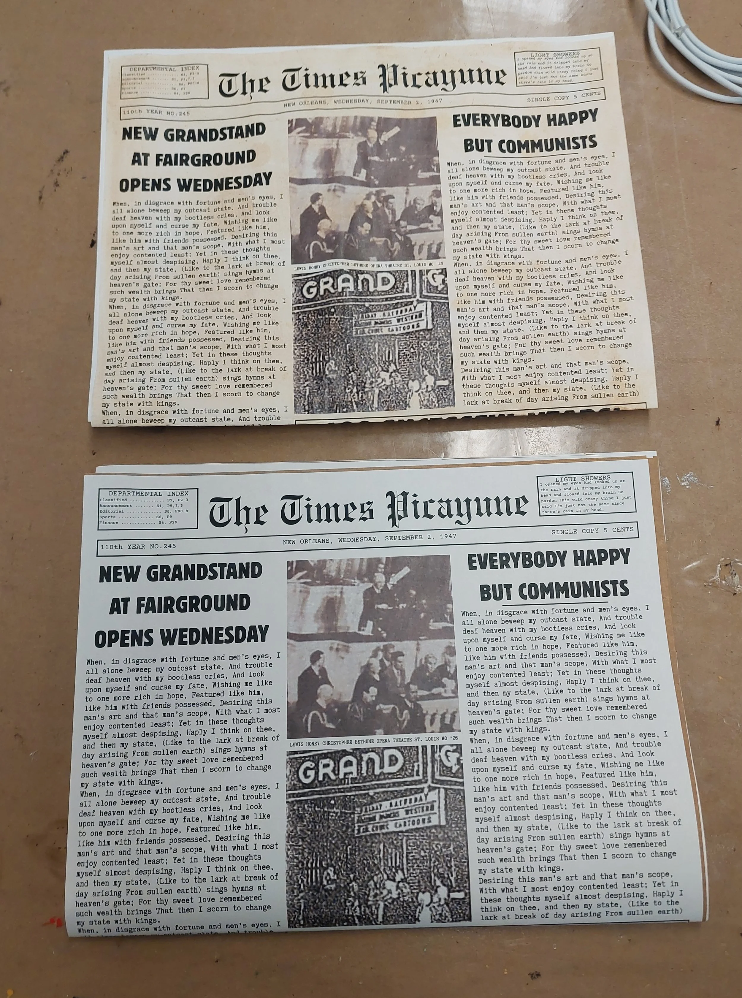 Times Picayune printed/assembled, two methods. Top is toned down with tea stain, since we were avoiding any stark white onstage. 4 pages total.