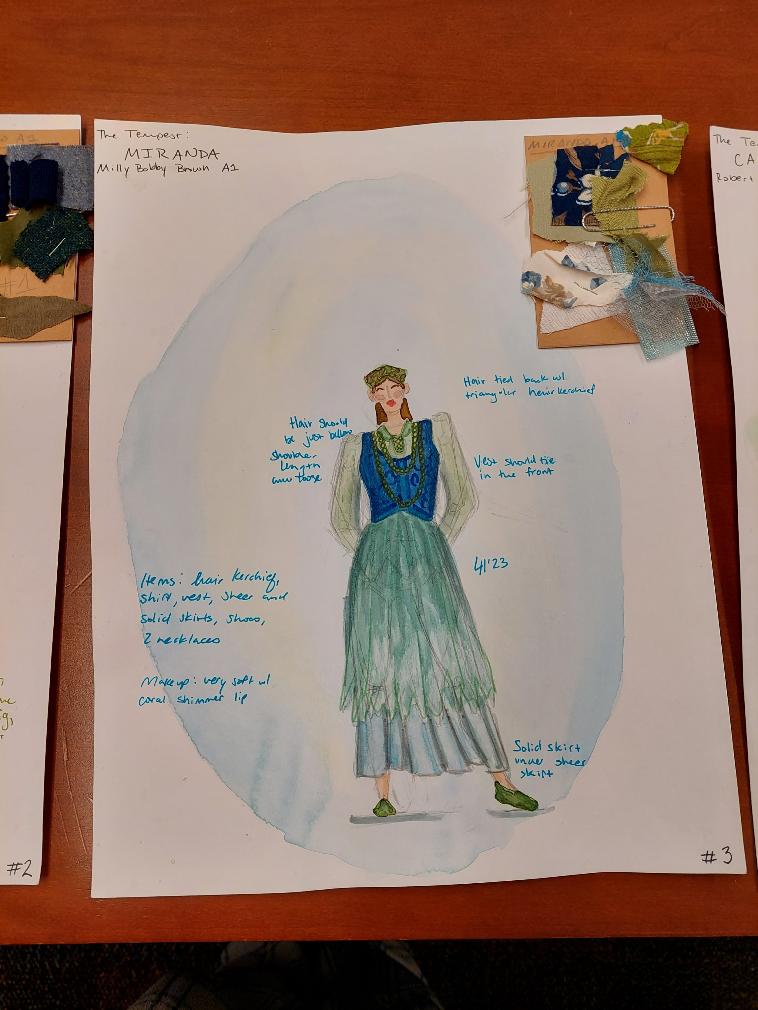 Costume design classwork, Miranda from the Tempest with swatch card.