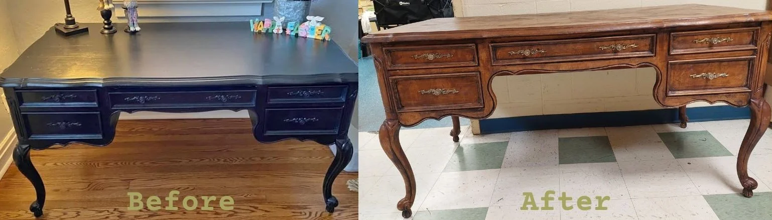 This antique desk was purchased off Facebook Marketplace and had two thick coats of DIY paint on it. The brief was to remove as much of the paint as possible and restore it to its original wood so that it could just be lightly tinted and sealed by th