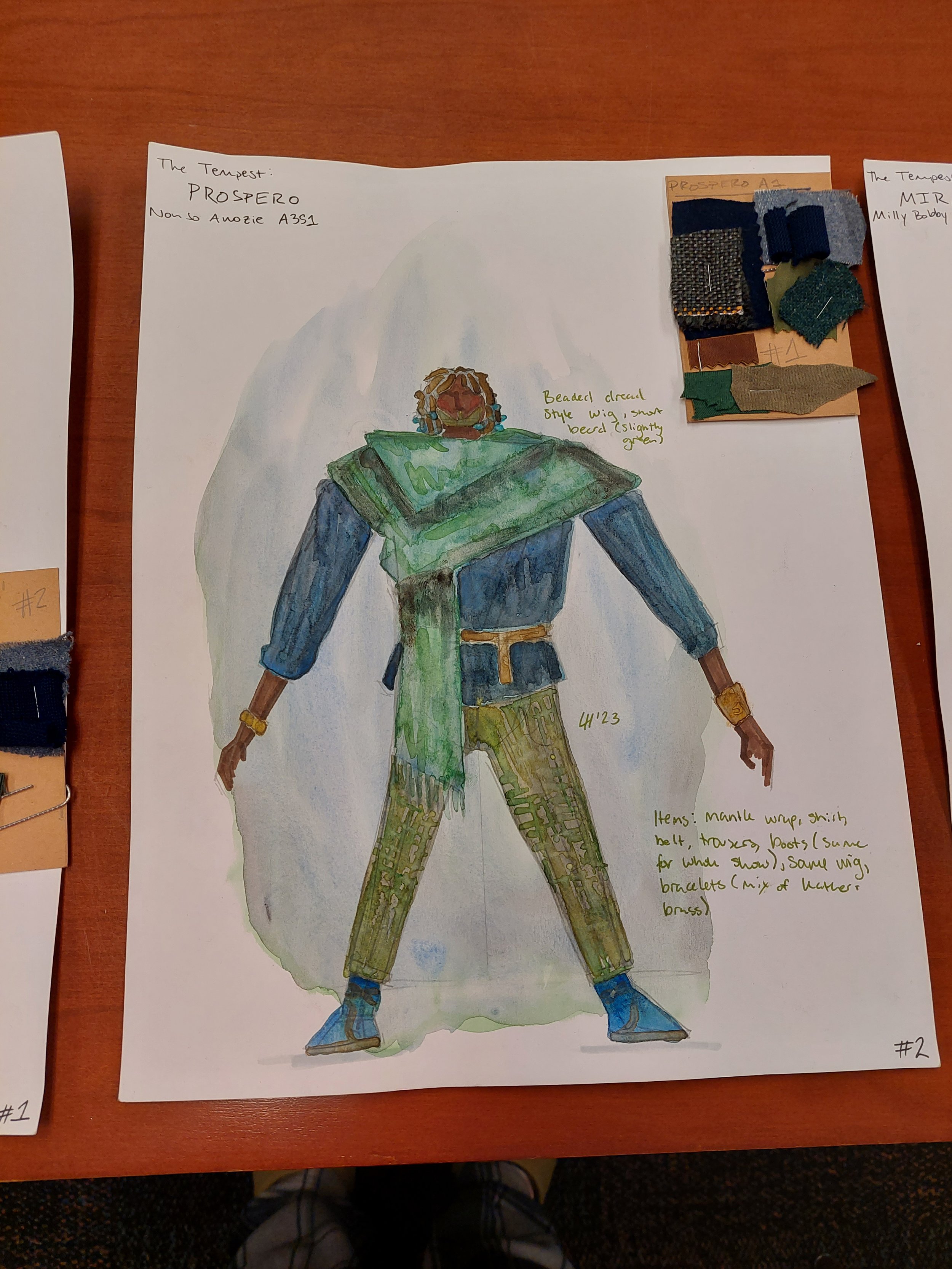 Costume design classwork, Prospero from the Tempest with swatch card.