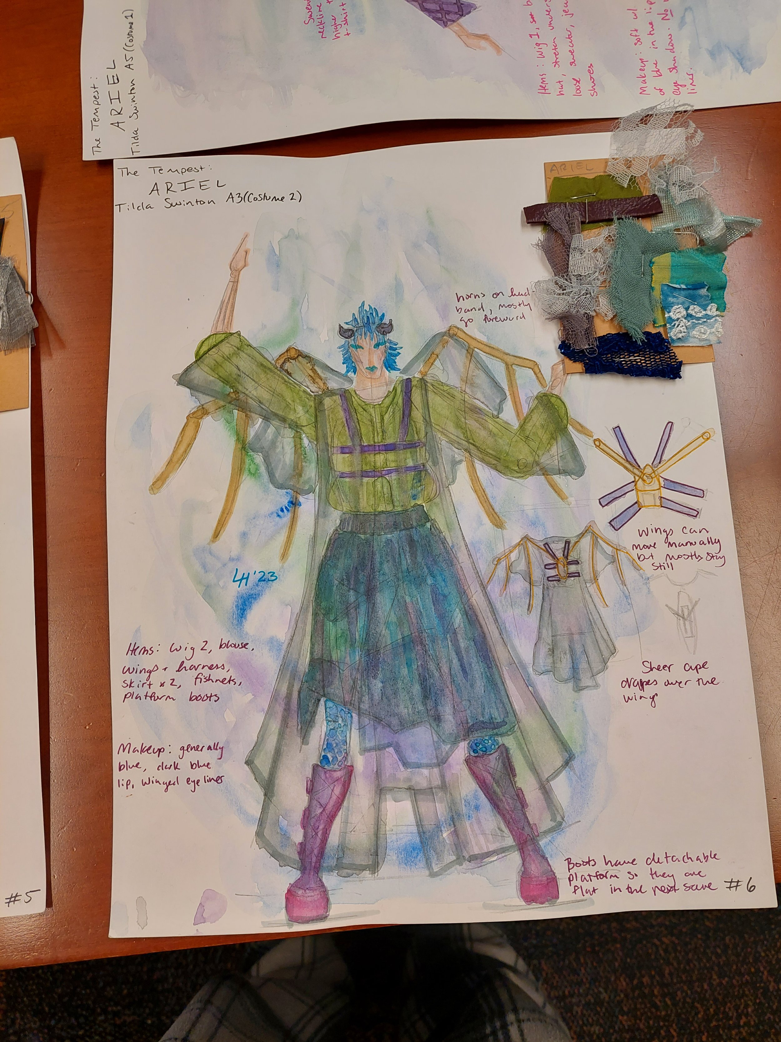 Costume design classwork, Ariel as Harpy from the Tempest with swatch card.