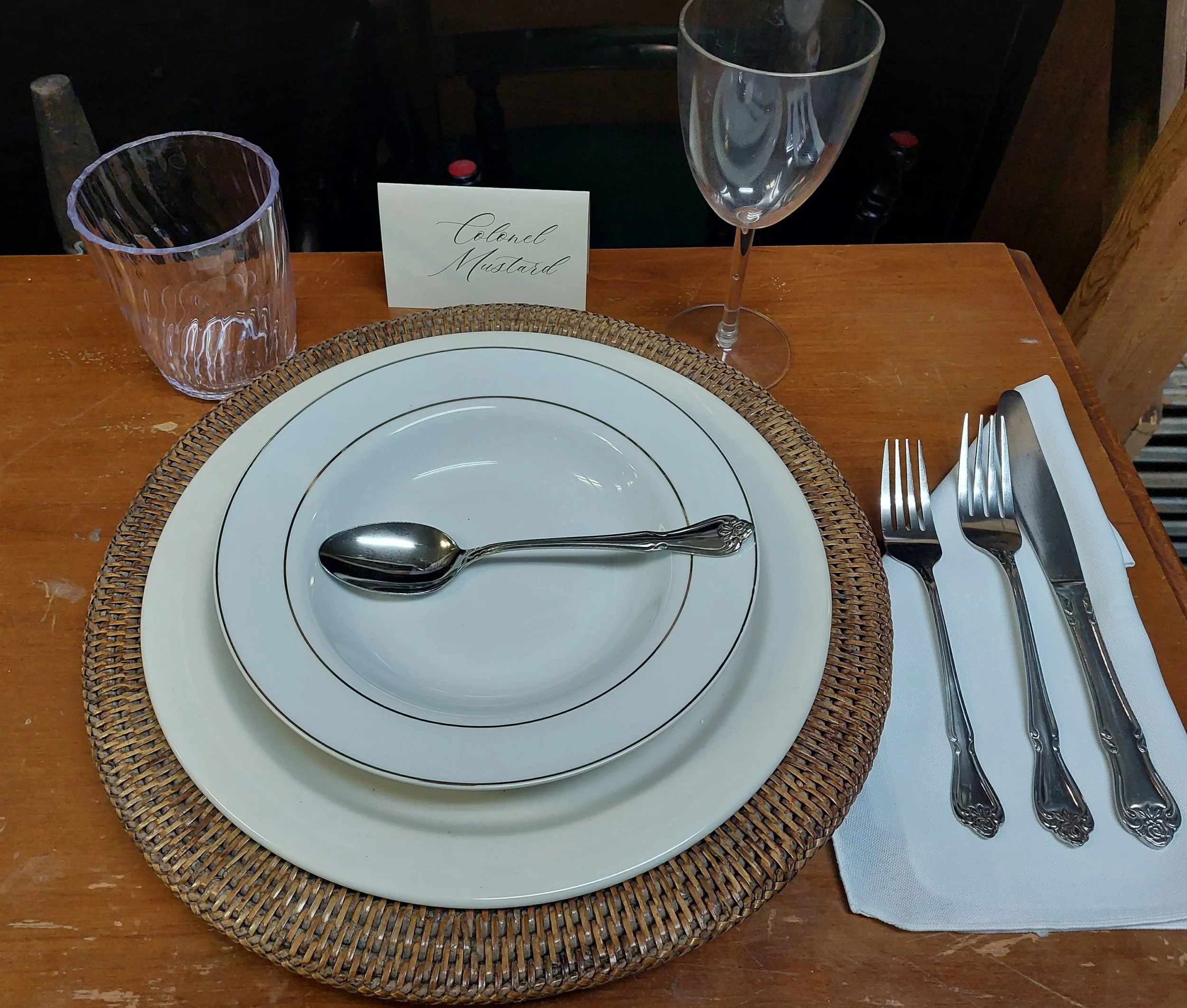 Dinner place settings, as originally handed over to stage management. Part of pre-production work.