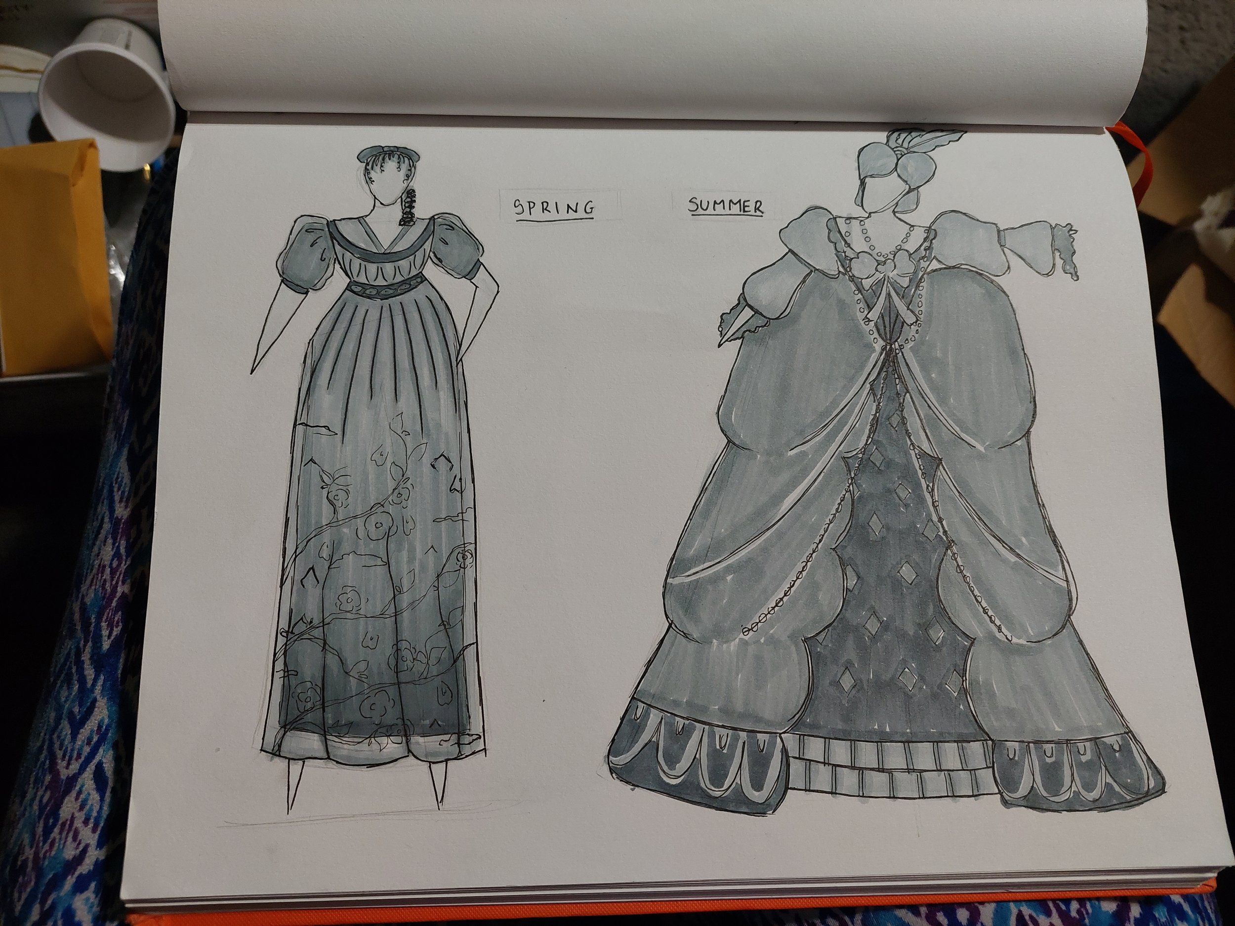 Costume design classwork, designing the four seasons. Here, Regency Spring and Rococo Summer.