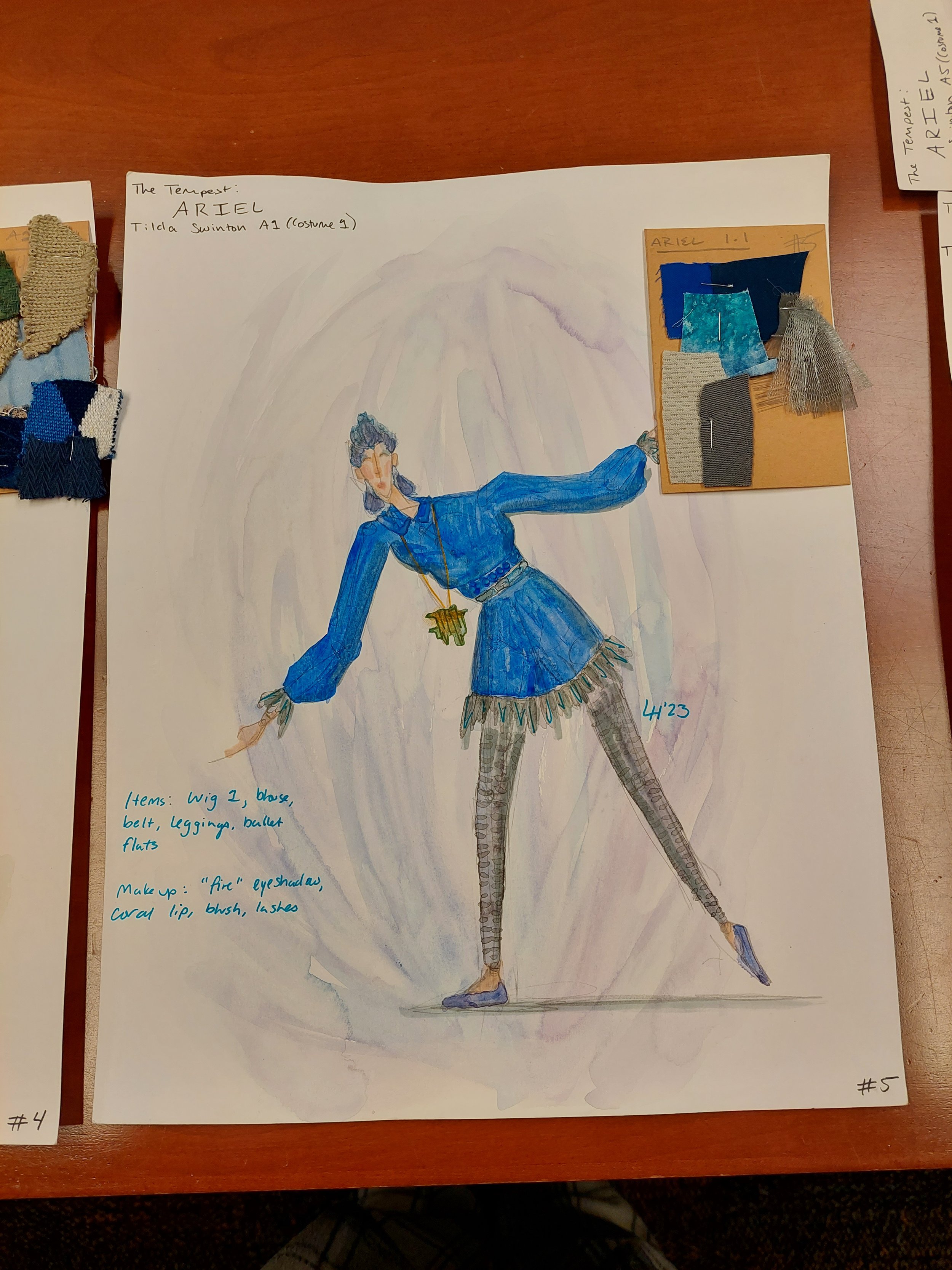 Costume design classwork, Ariel from the Tempest with swatch card.