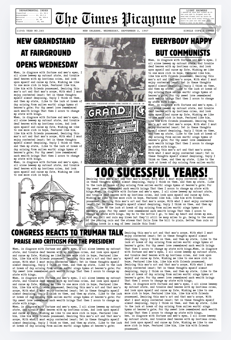 1942 Times Picayune, digitally created period newspaper. Took several days to find/structure headlines and text, since original versions of this specific paper were not available.