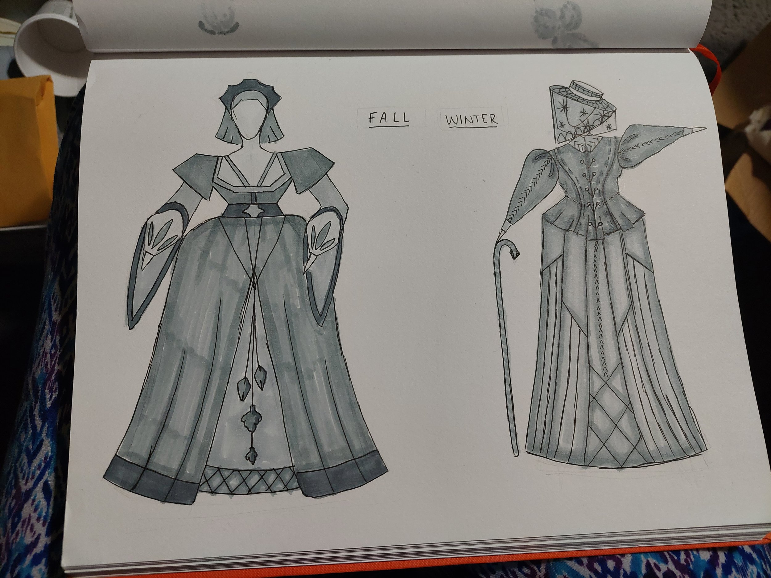 Costume design classwork, designing the four seasons. Here, Tudor Autumn and Edwardian Winter