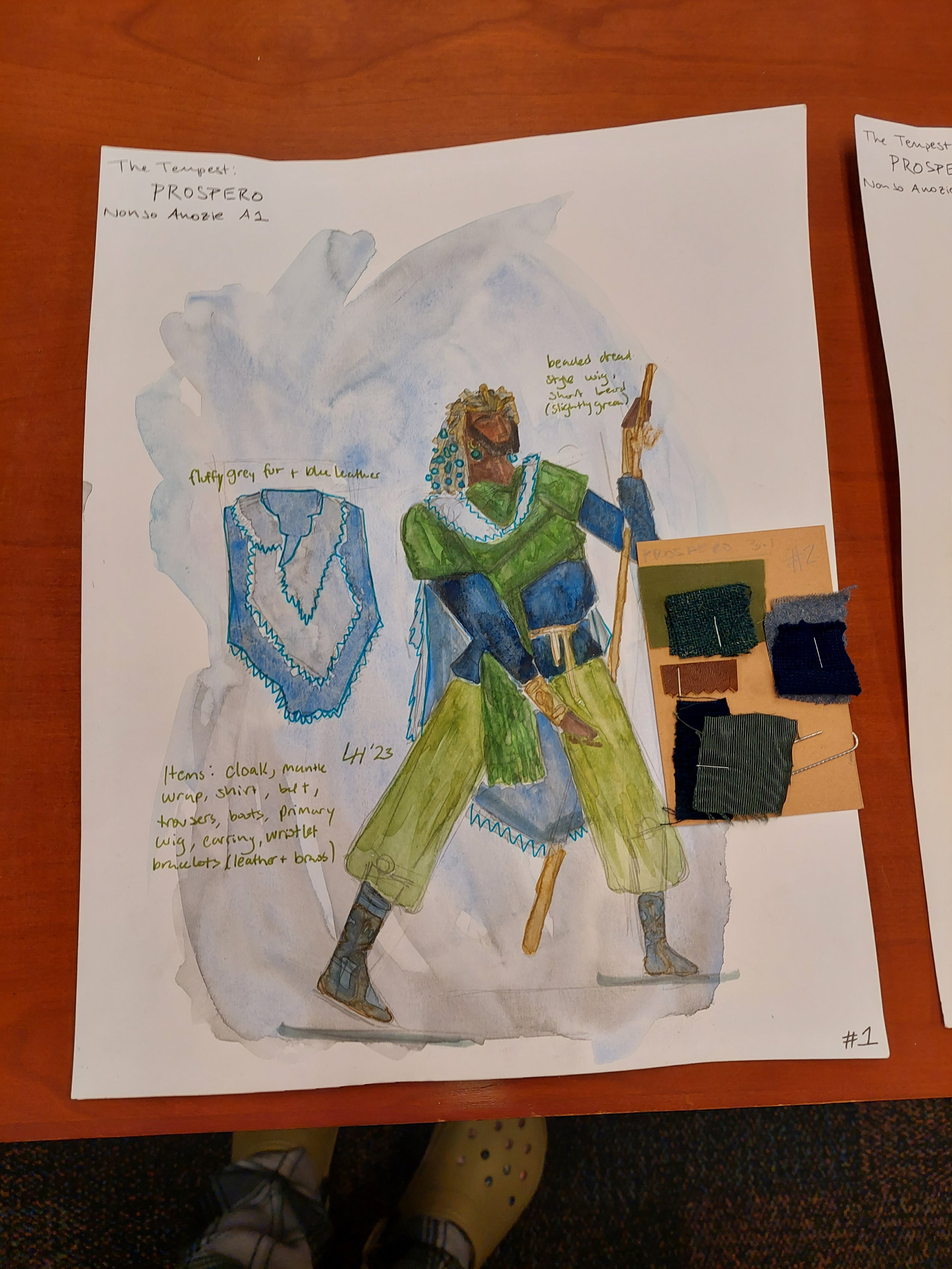 Costume design classwork, Prospero from the Tempest, with his magical cloak and staff.