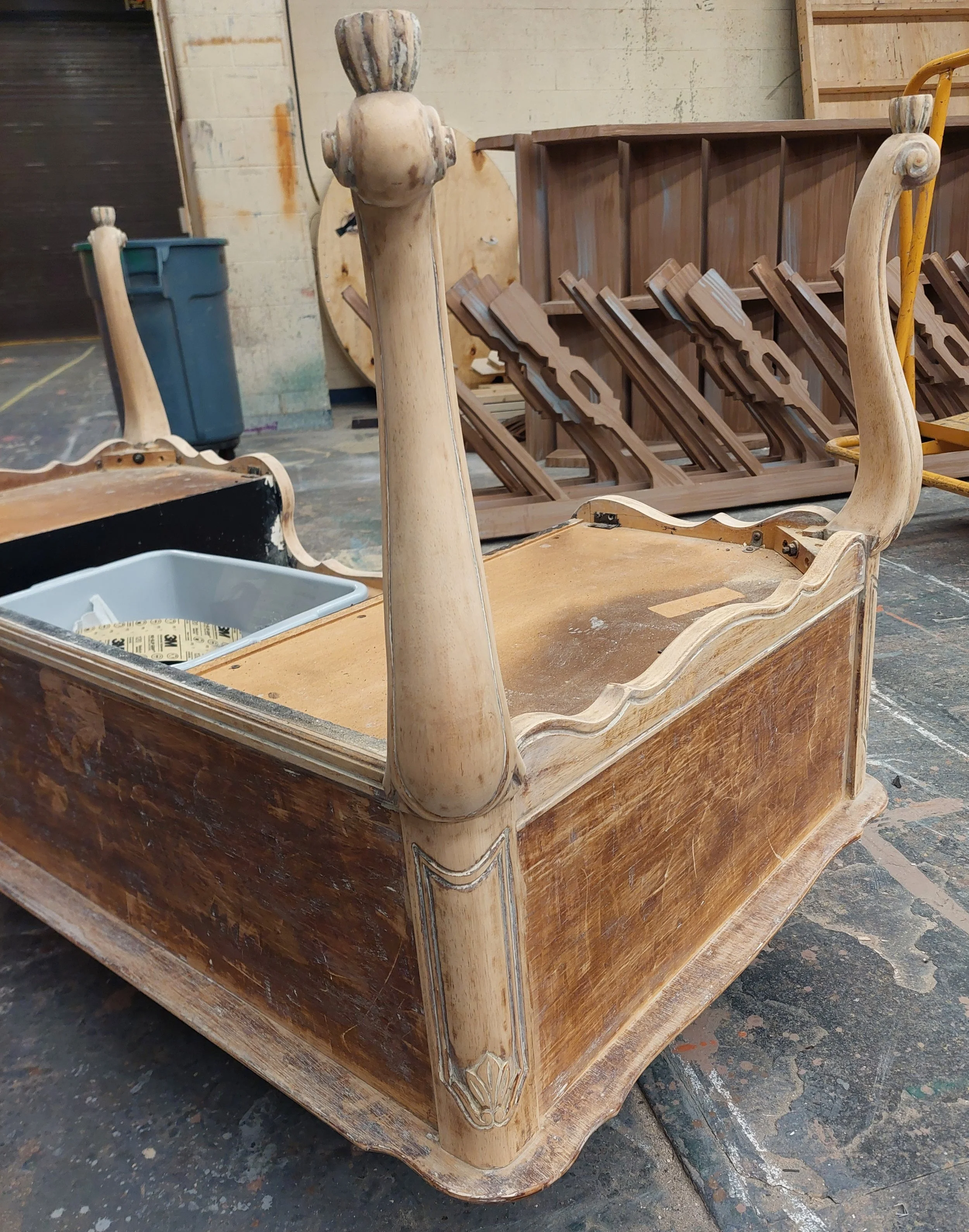 End of day 6. Hand sanding the legs using multiple different sandpaper grits . Assisted by C. Steinmetz. This was the most challenging part because of the curves and tight details in the feet. 