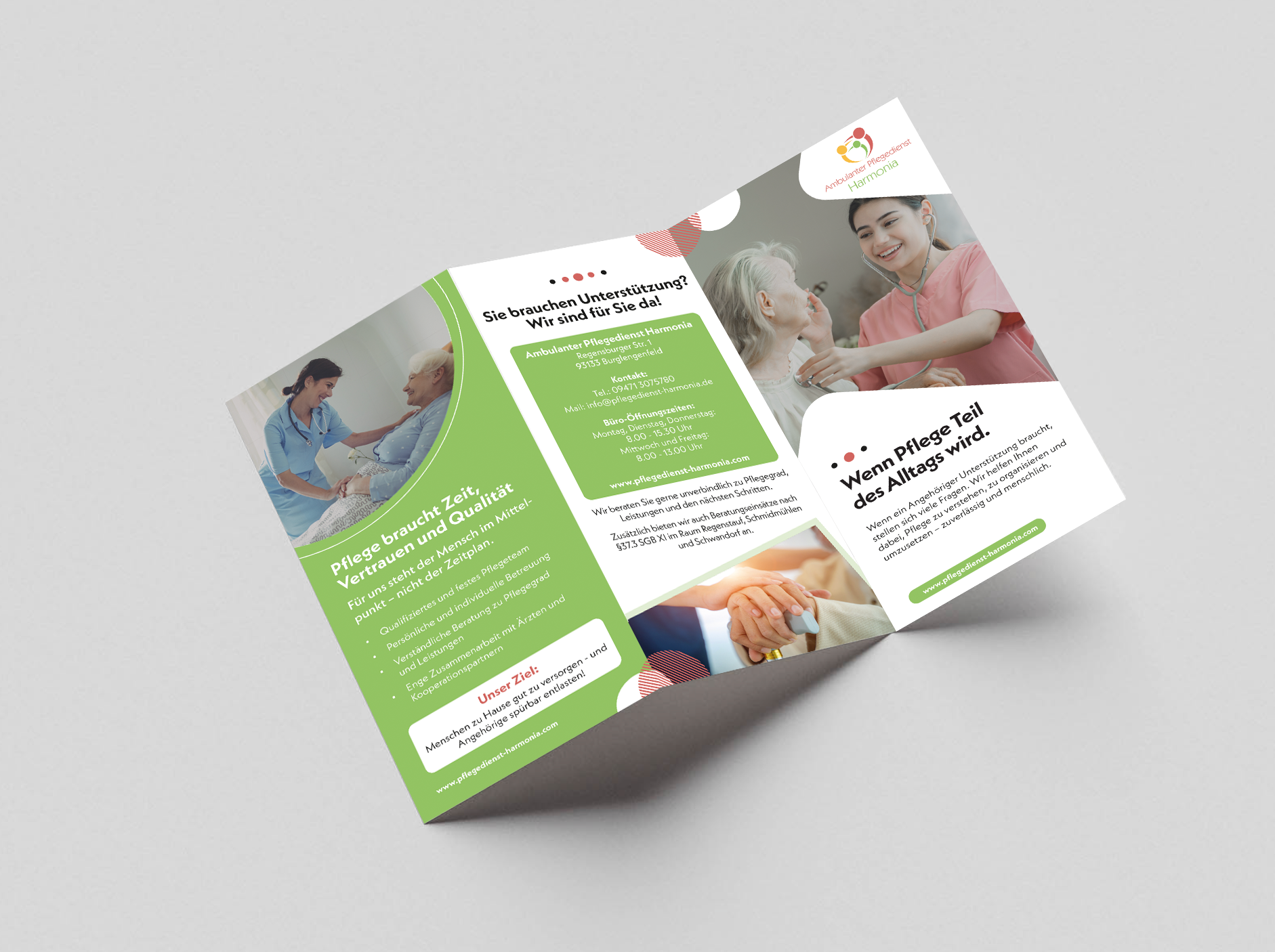 Flyer der Ambulanter Pflegedienst Harmonia Burglengenfeld, mit Bildern von Pflegekräften, die ältere Menschen betreuen, und Text in deutscher Sprache über die Unterstützung im Alltag und Kontaktinformationen.