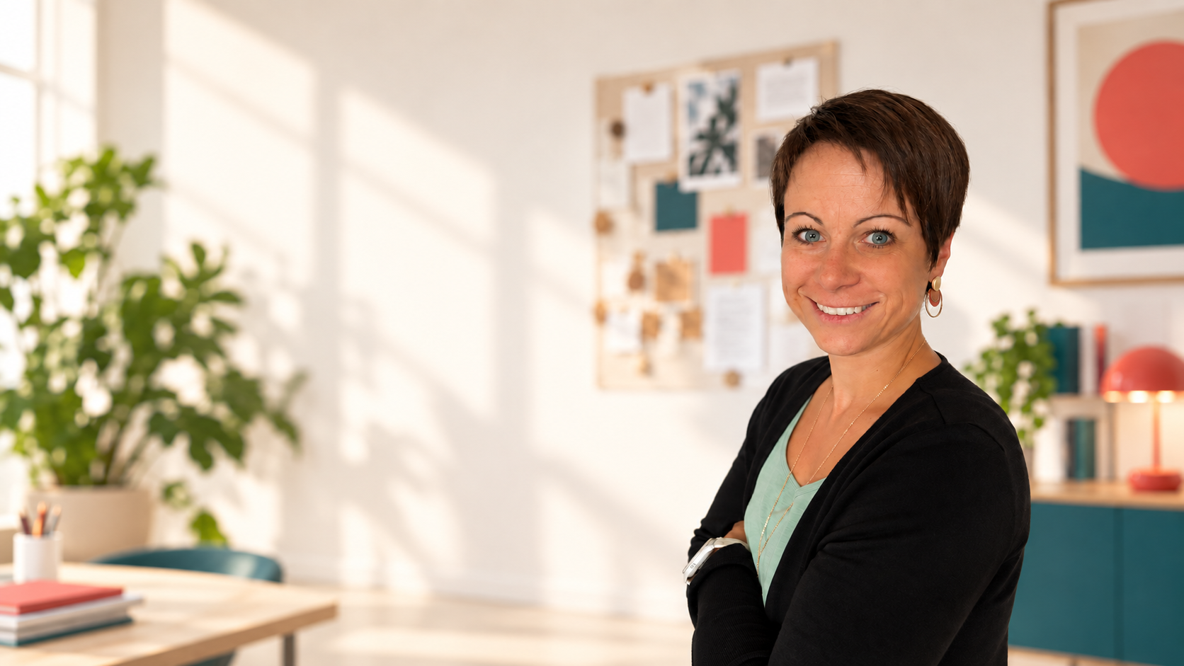 Eine lachende Frau mit kurzen braunen Haaren in einem modernen, hellen Büro, im Hintergrund Pinnwand und Literatur, die auf einem kreativen Arbeitsumfeld hinweisen.