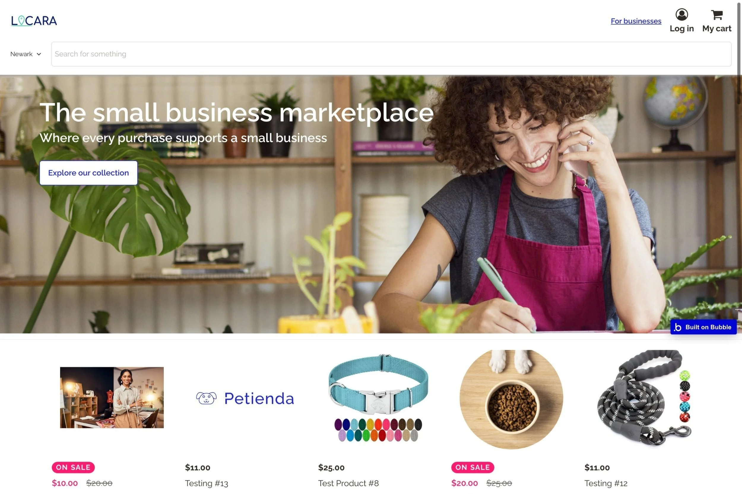 Screenshot of Locara small business marketplace website featuring a smiling woman in an apron, product listings, and a search bar.