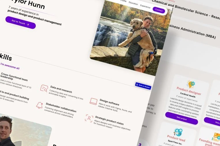 Digital resume featuring skills, a portrait photo with a dog by a waterfall, and professional experience in product design and management.