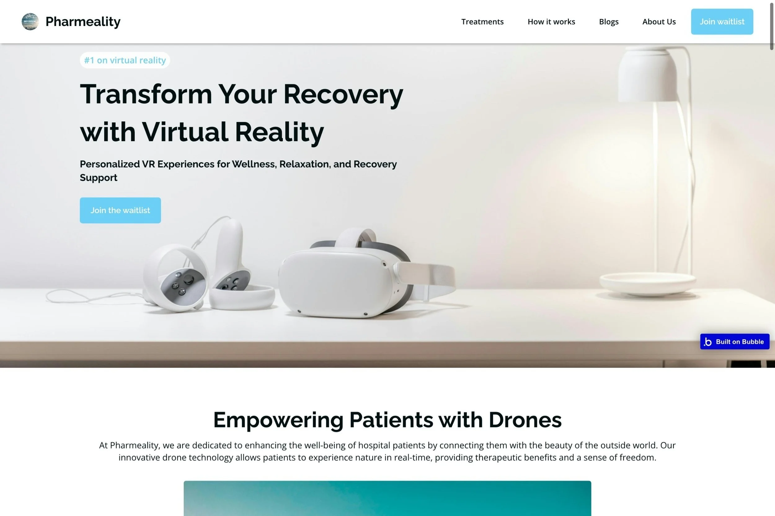 Website homepage of Pharmeality showcasing virtual reality technology for wellness with a VR headset and controllers on a table, and text about empowering patients with drones.