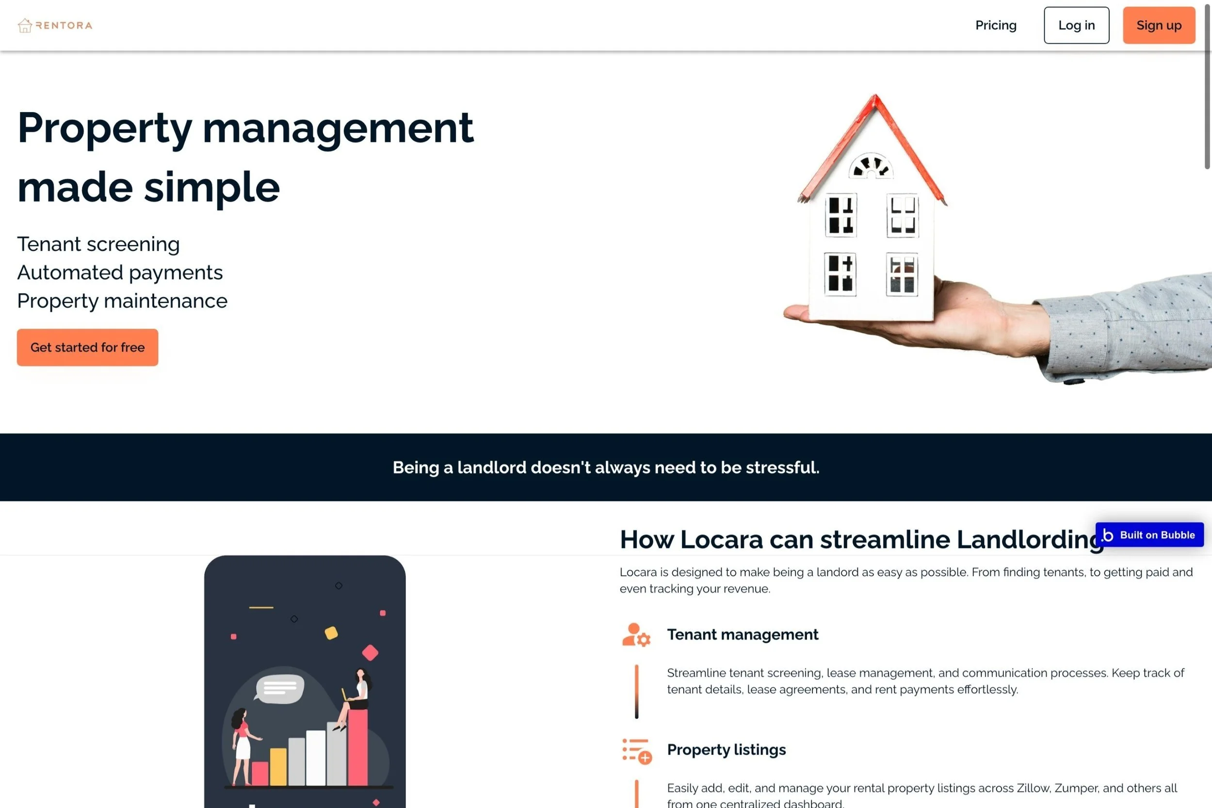 Website screenshot featuring property management services, including tenant screening, automated payments, and property maintenance with a call to action to get started for free. Includes a hand holding a small house model, and information on how Locara can streamline landlord duties.