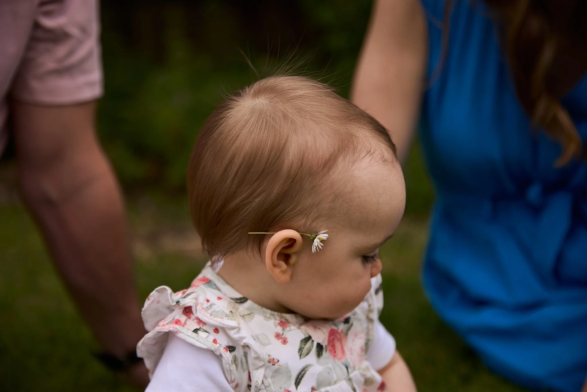 A young child with light brown hair and a daisy flower tucked behind their ear, looking downward, outdoors with partial adults visible nearby.