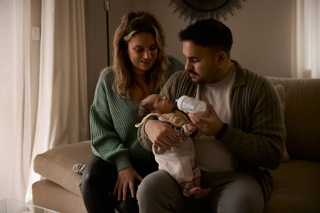 A young family with a woman, a man, and a newborn baby, with the father feeding the baby with a bottle in a cozy living room.