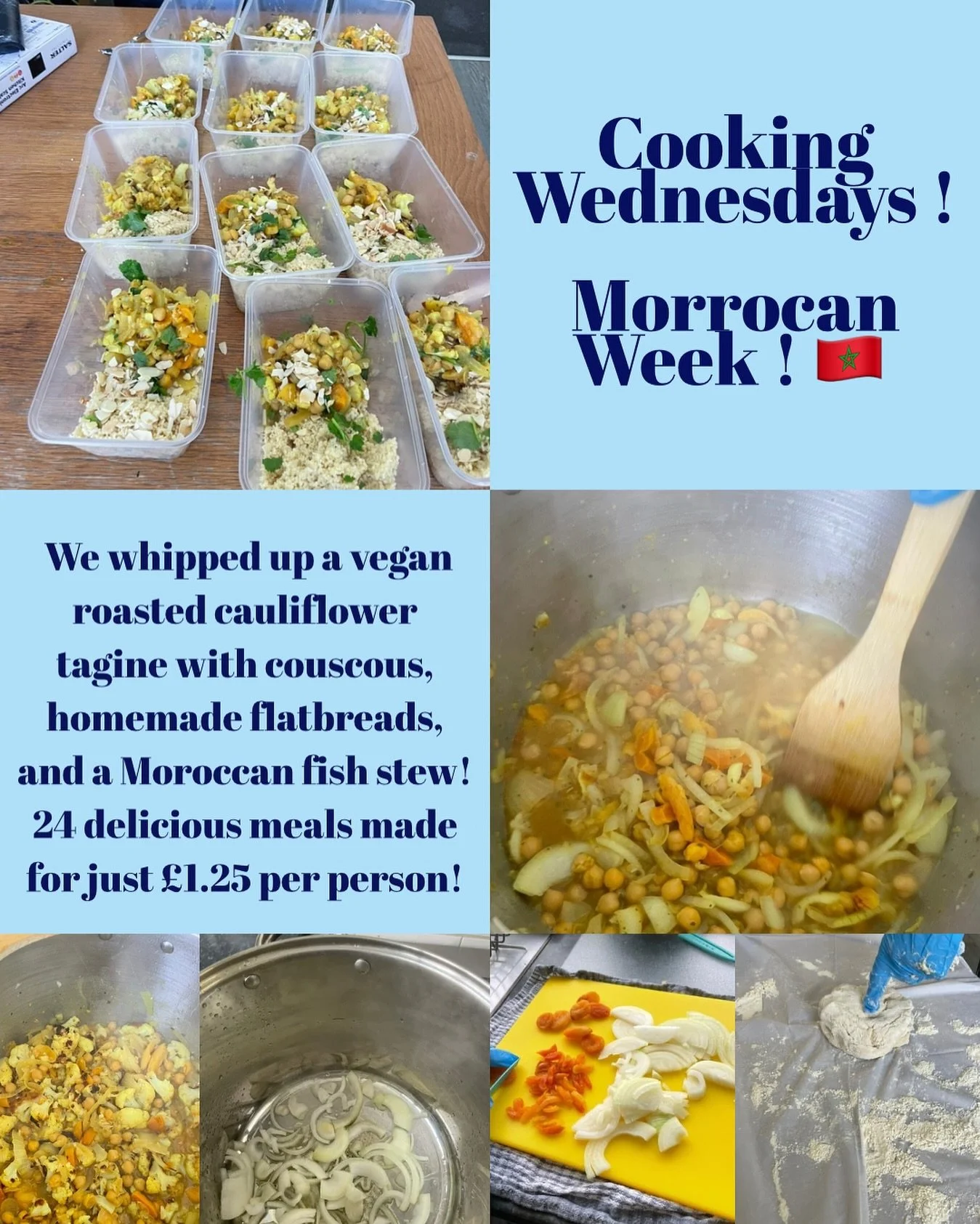 Moroccan Week was a huge success! 🇲🇦 We cooked up a vegan roasted cauliflower tagine with couscous, homemade flatbreads, and a Moroccan fish stew — 24 tasty meals for just £1.25 per person! 🍽️✨ A great way for residents to explore heal