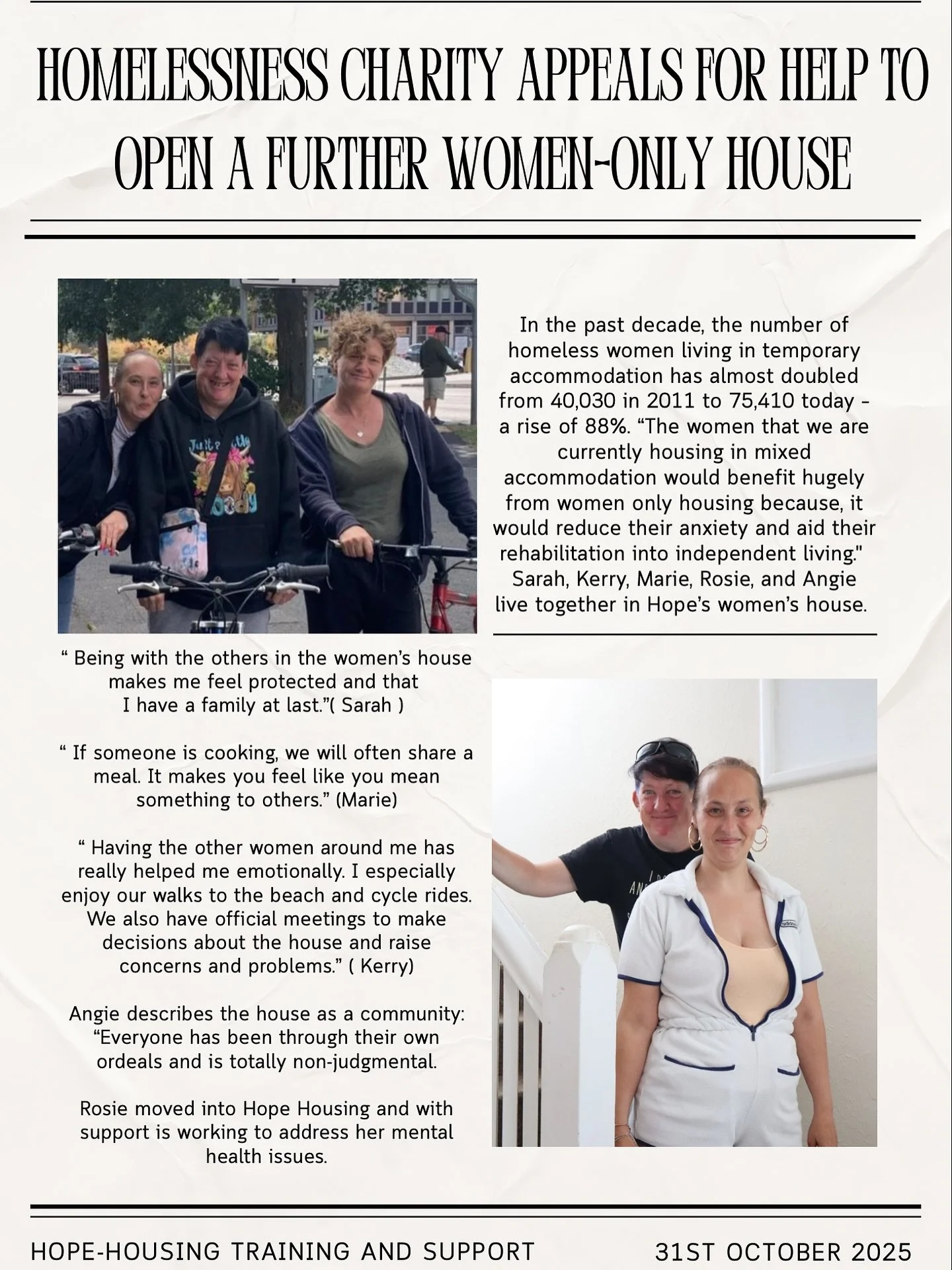 Every woman deserves a safe place to call home ! 🏡💕

Hope Housing is appealing for help to open a new women&rsquo;s only house  a space where women can rebuild their confidence, find support, and start anew. Together, we can make independence possi