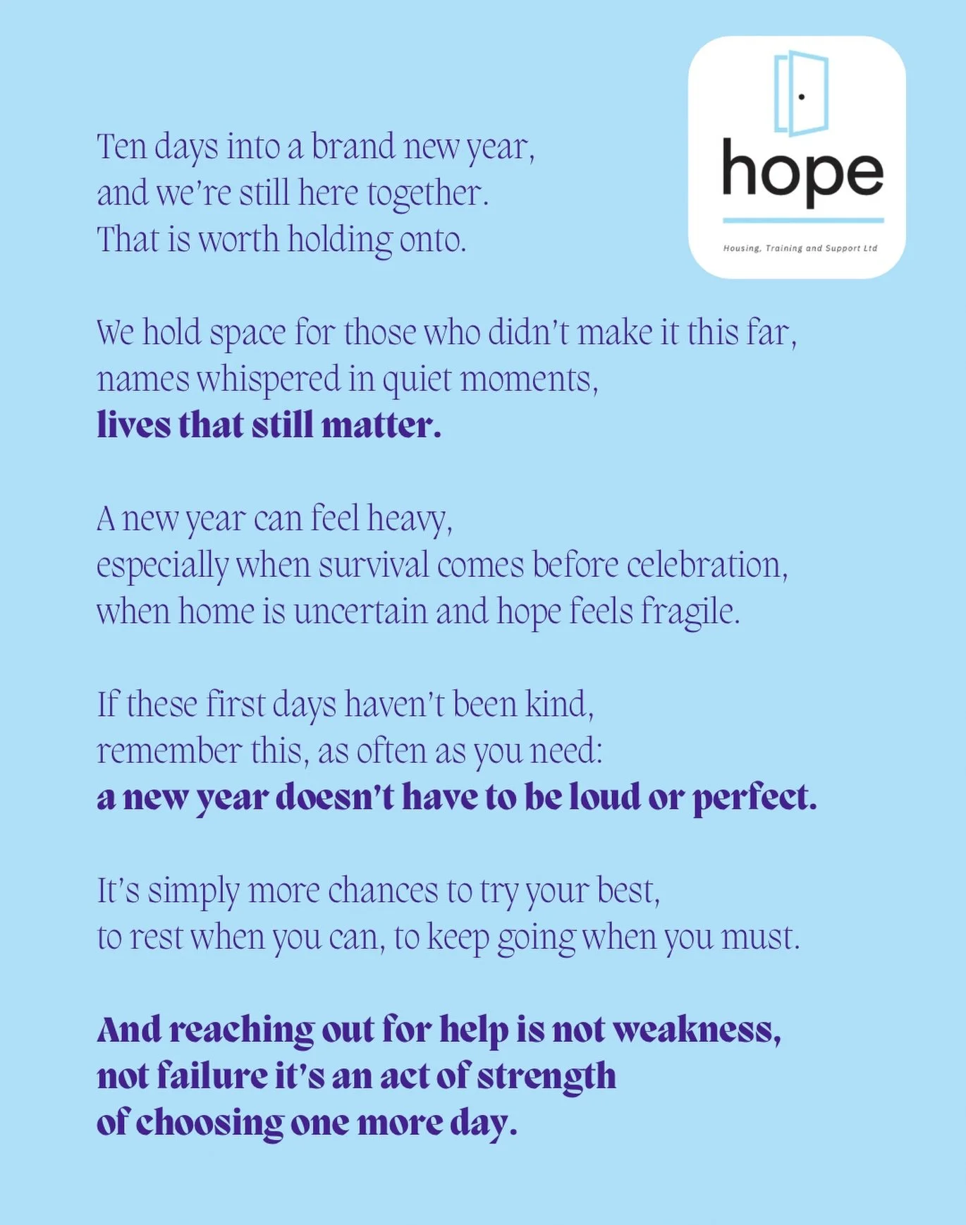 Ten days into a new year, and we&rsquo;re still here together. That matters. Hope doesn&rsquo;t have to be loud; sometimes it&rsquo;s simply choosing one more day. 🤍

#hope #charity #bcpcommunity #poemnewyear #su&iuml;cideawareness
