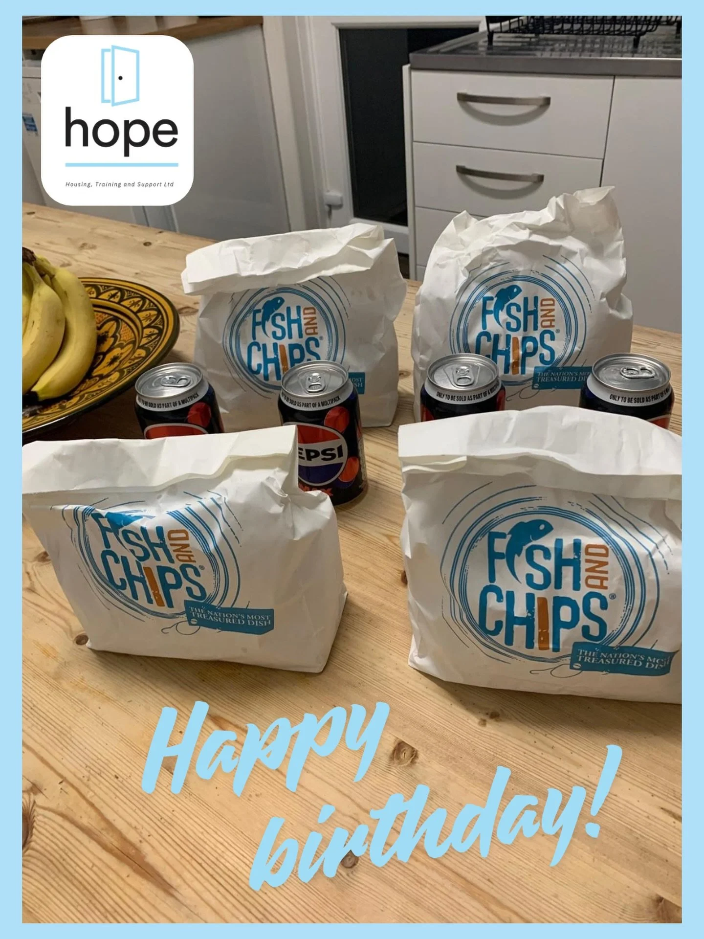 Birthday celebrations at Hope Housing 🎉

This week we celebrated three amazing men turning 54,41 and 33 with a classic treat &mdash; fish &amp; chips 🐟🍟

At Hope, we support our residents through every area of their lives, not just housing. It&rsq