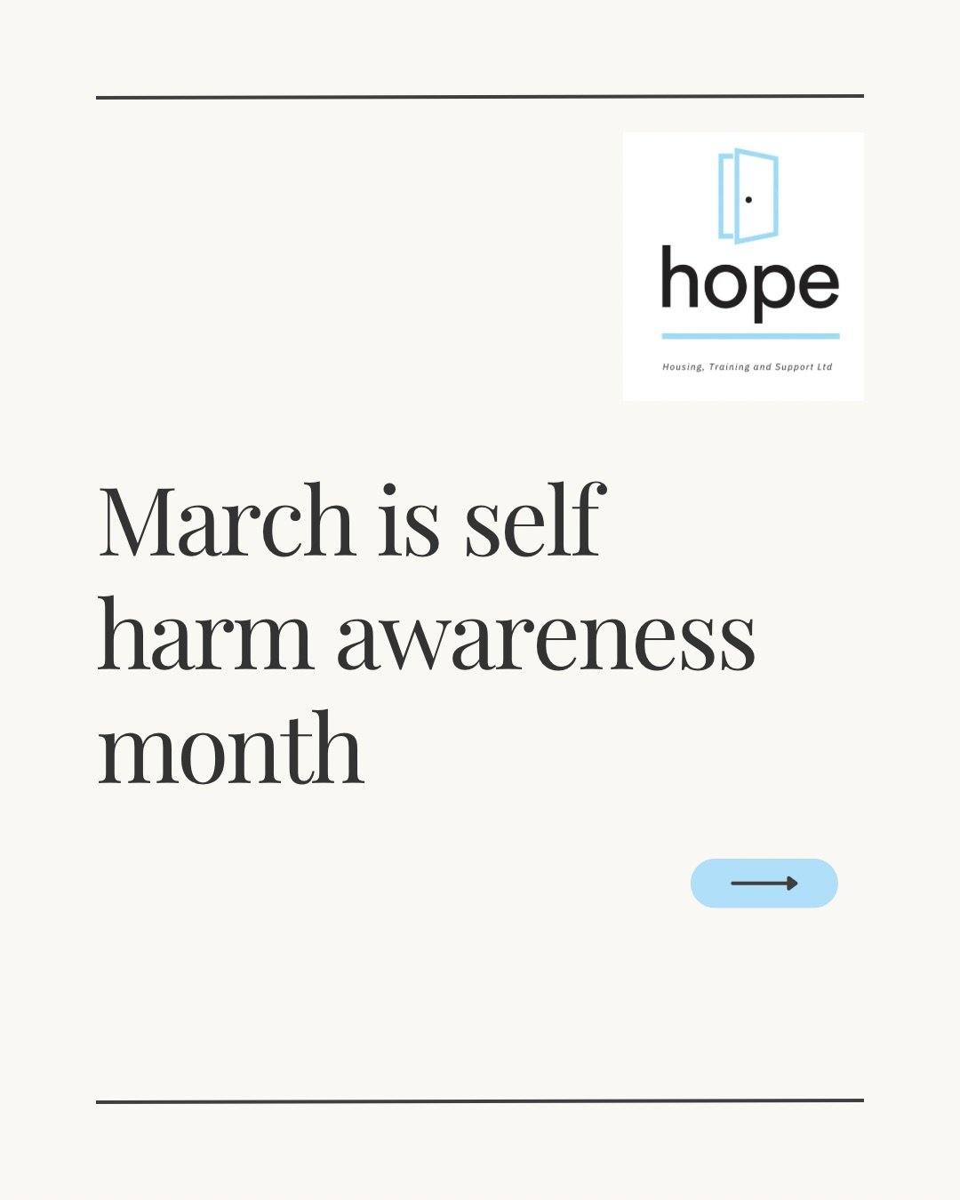March is Self-Harm Awareness Month &mdash; a time to raise awareness, break stigma, and remind people that they are not alone. 💙

Self-harm can take many forms, including cutting, burning, scratching, hitting oneself, or injuring the skin in other w
