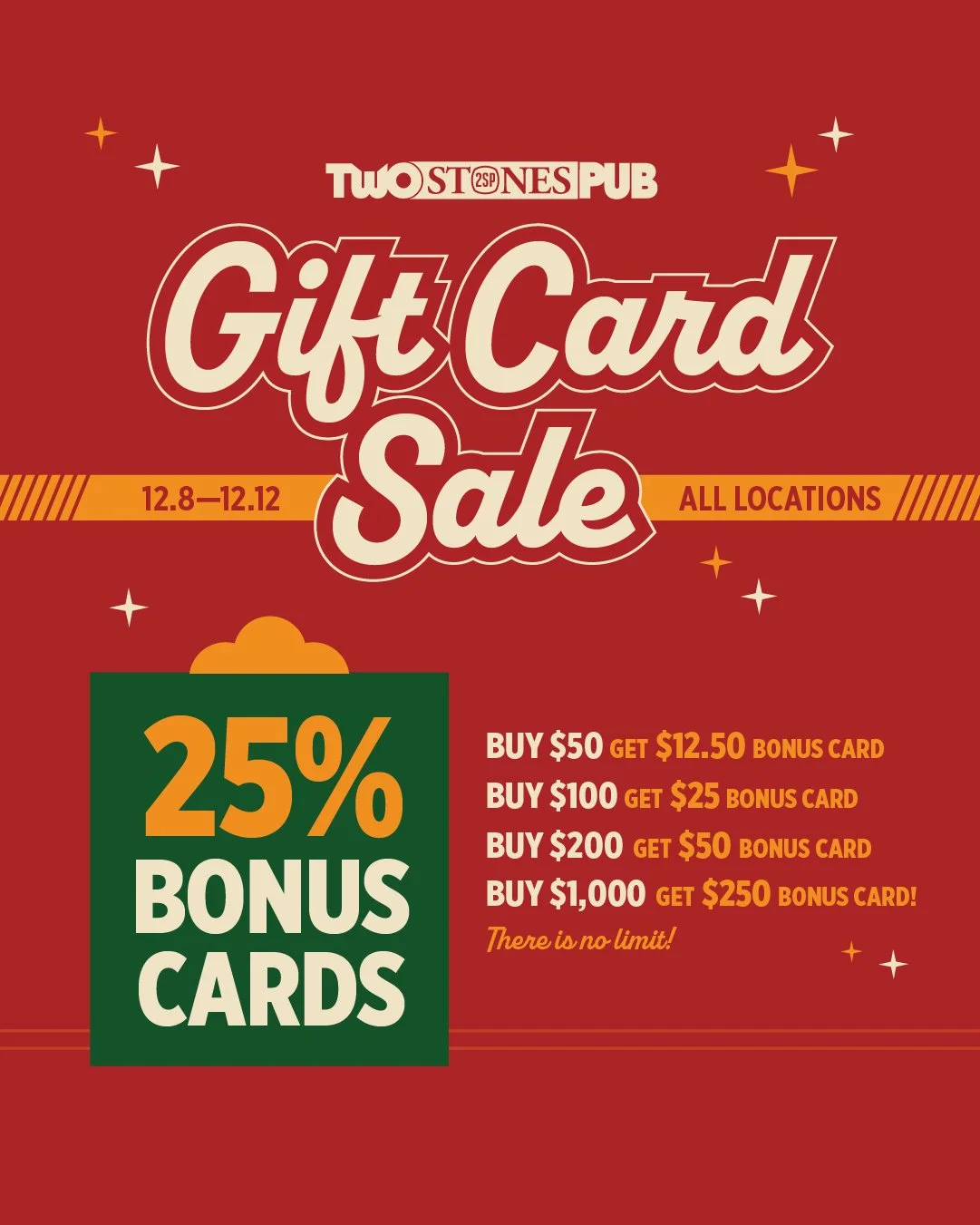 Mark your calendars! 📆Our annual Gift Card Extravaganza is back next week. Available in-person at all Two Stones Pubs. 🎉🎉🎉