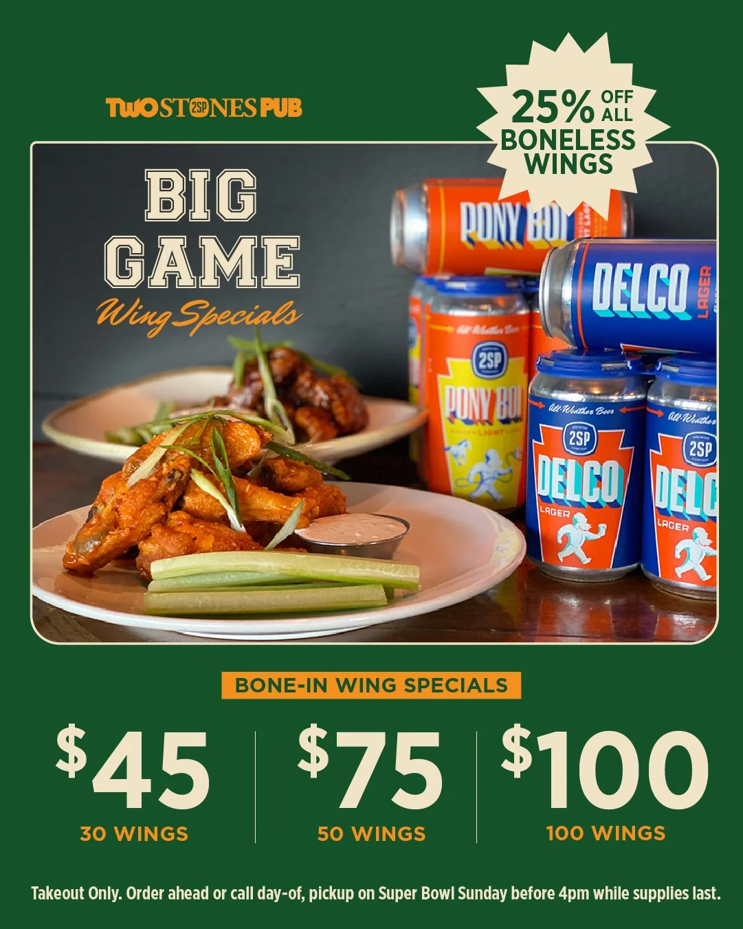 🍗 + 🍺 + 🏈 = 🫶

Be the MVP of the party &amp; bring Two Stones Wings to the Big Game.