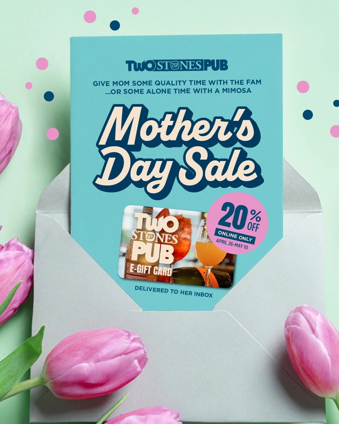 Ssshhh - don't tell Mom. But right now, you can get her a Two Stones gift card AND save 20% at checkout. Head to our site, grab her the perfect gift &amp; use the savings to get her flowers. 💐

 https://www.twostonespub.com/
(sale is online only)