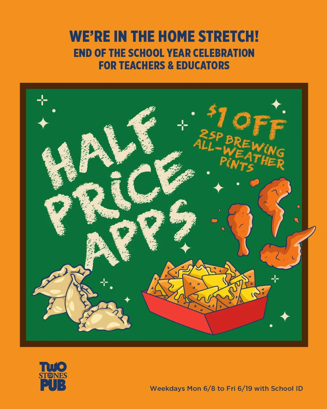 To all of our wonderful teachers &amp; educators - the end of the year is finally here! 🍎✏👩&zwj;🏫 As a  Thank You (and because we know you need it), YOU get half off appetizers &amp; $1 off all 2SP Brewing Company All Weather pints from June 8-Jun
