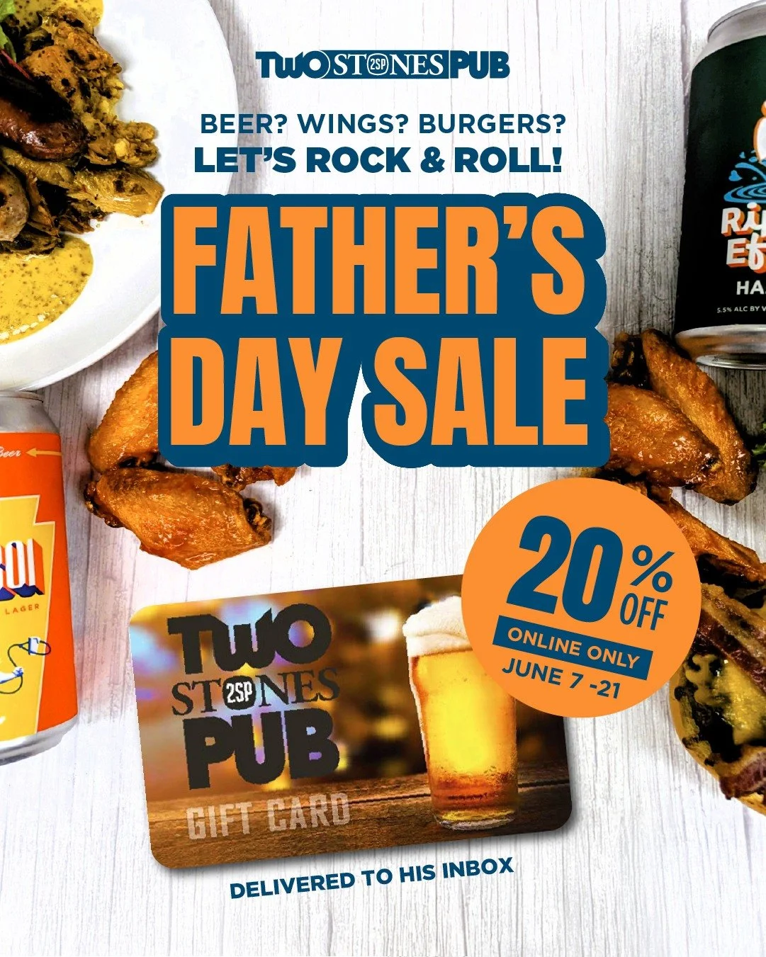 Get the big guy what we wants. A nice afternoon having a cold one &amp; you laughing at his (probably terrible) jokes. 

https://twostonespub.webgiftcardsales.com/