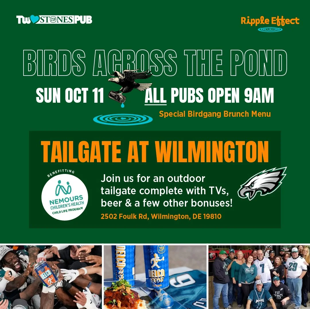 Mark those calendars, Bird Gang! 🦅 ALL Two Stones Pubs will be opening at 9am on Sunday, October 11 for the Eagles game in London. PLUS, our Wilmington Pub will be having a tailgate with raffles, prizes &amp; a few other surprises.