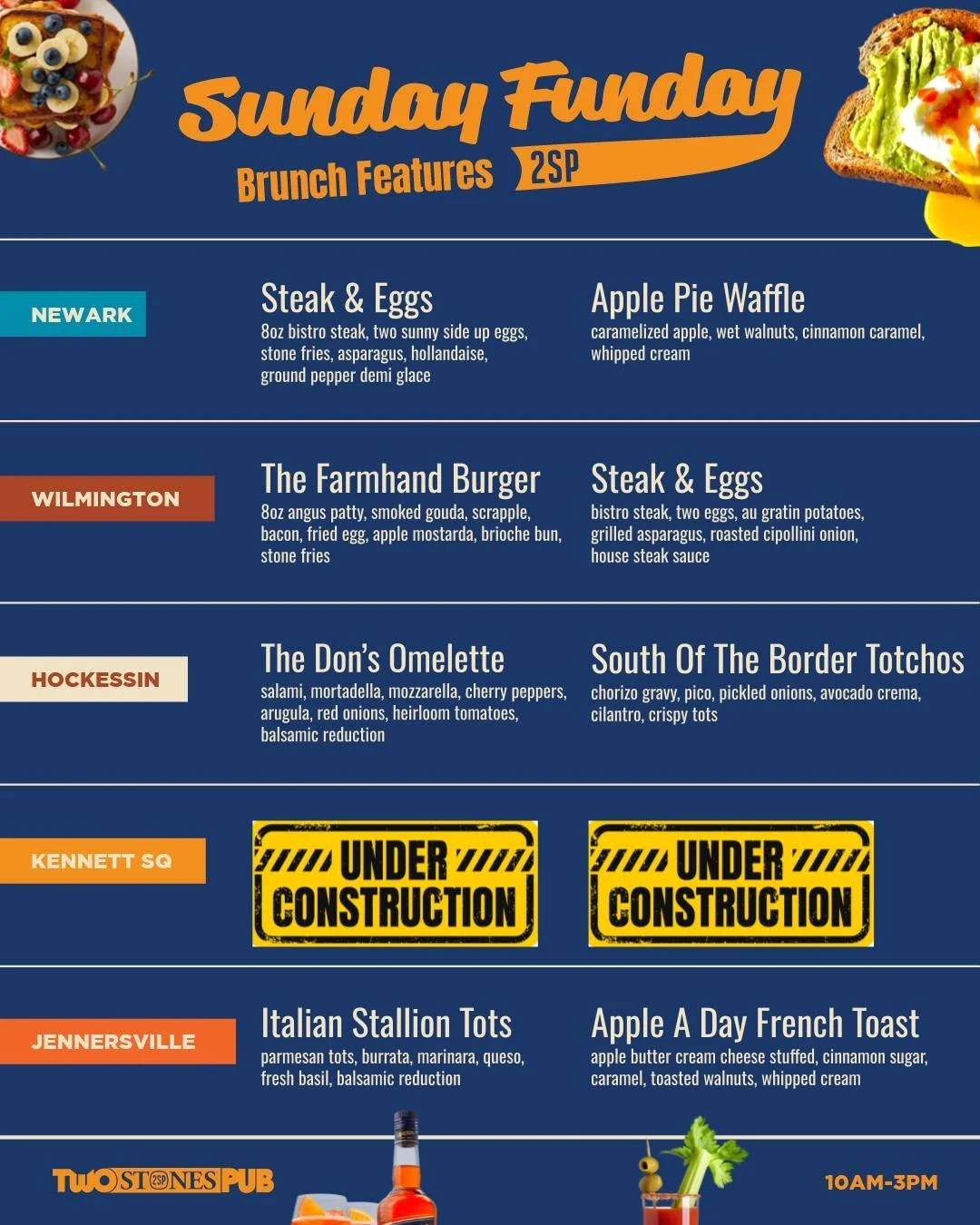 #SundayFunday is almost here! Hunker down &amp; wait out the storm with the best brunch in town. 🍳🥓⏰

📸
🤌Hockessin | The Don's Omelette

🍎Newark | Apple Pie Waffle

🍞Jennersville | Apple A Day French Toast

🍔Wilmington | The Farmhand Burger

K