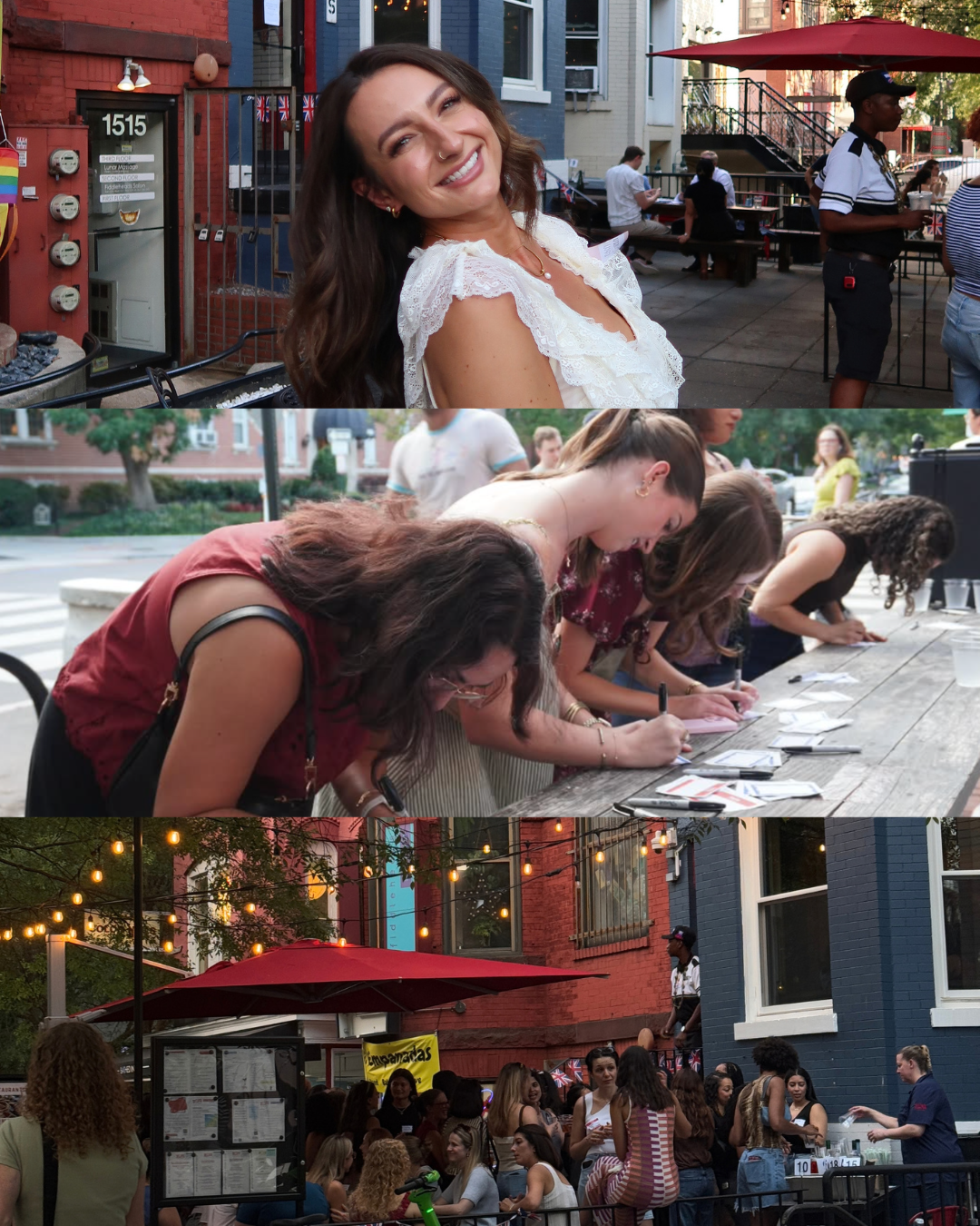 Collage from Meg Nailling’s first DC Girls Meet Up at Duke’s Grocery in Dupont Circle, Washington, DC, showing Meg smiling, women signing in at an outdoor table, and a crowded patio gathering.