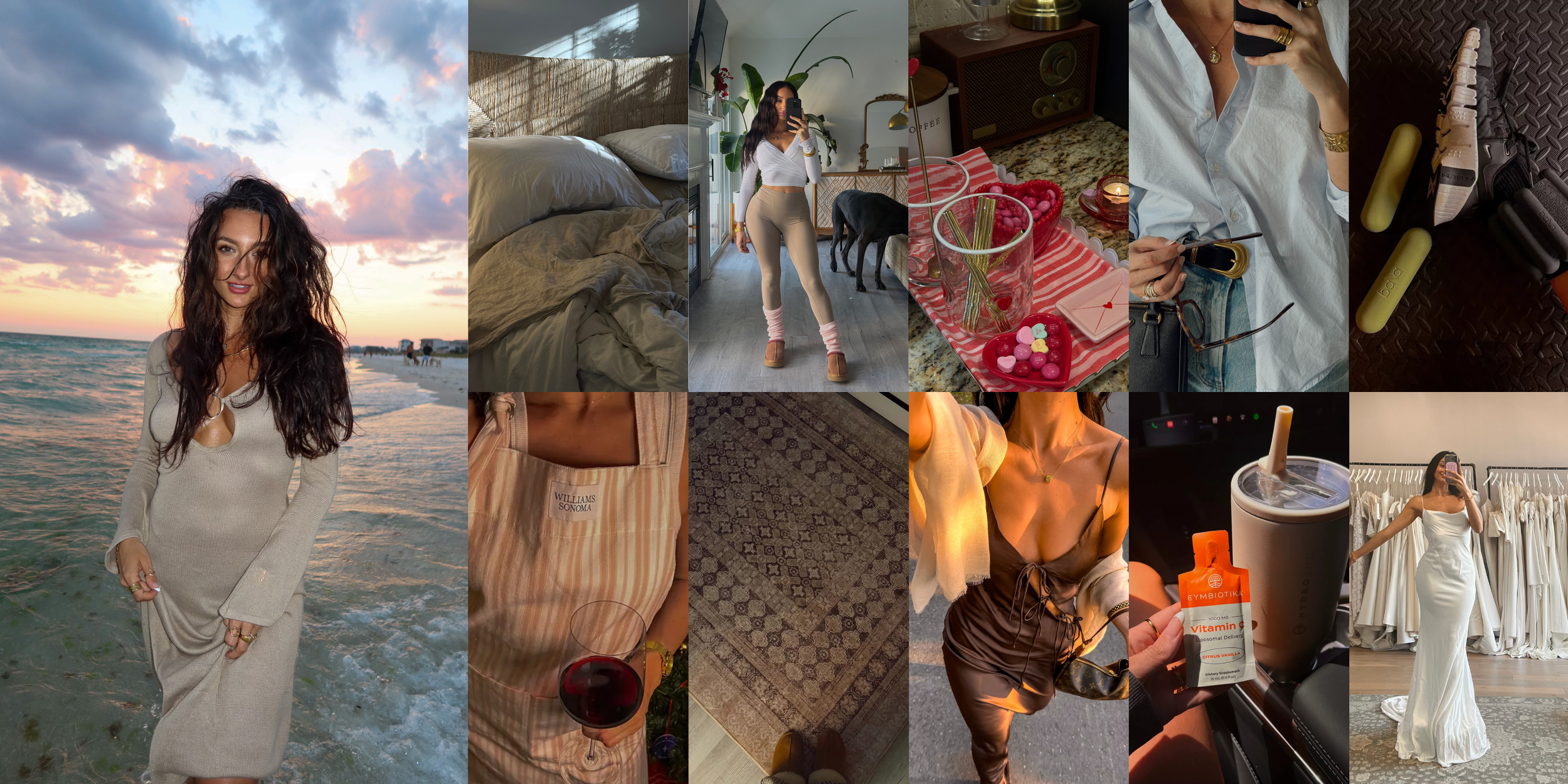 Lifestyle collage featuring Meg Nailling in fashion, wellness, home, beauty, and everyday moments, including outfits, fitness, home decor, beauty products, and wedding style.