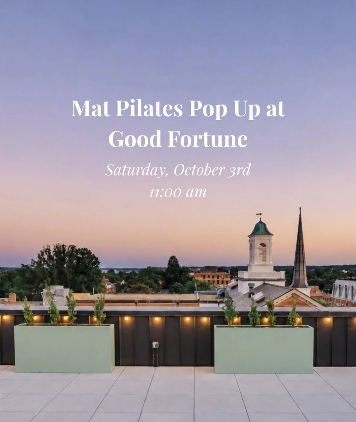 Event graphic for Rooftop Pilates with Lalita Method at Hotel Heron in Alexandria, Virginia, on October 3, 2026 at 11:00 AM, shown over a rooftop city view.