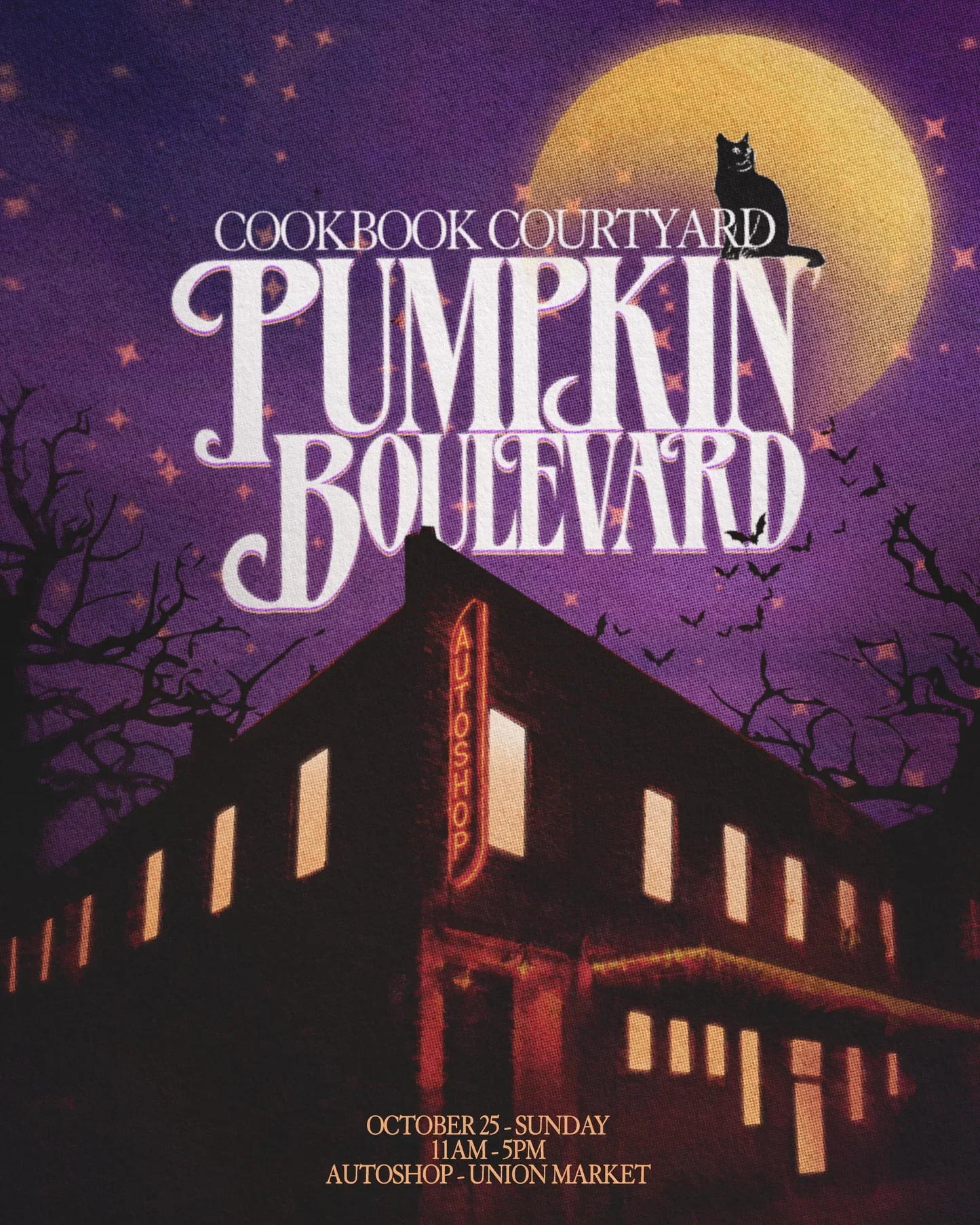 Cookbook Courtyard Pumpkin Boulevard event poster for October 25, 2026 at Union Market in Washington, DC, featuring a full moon, bats, black cats, and a dark building illustration.