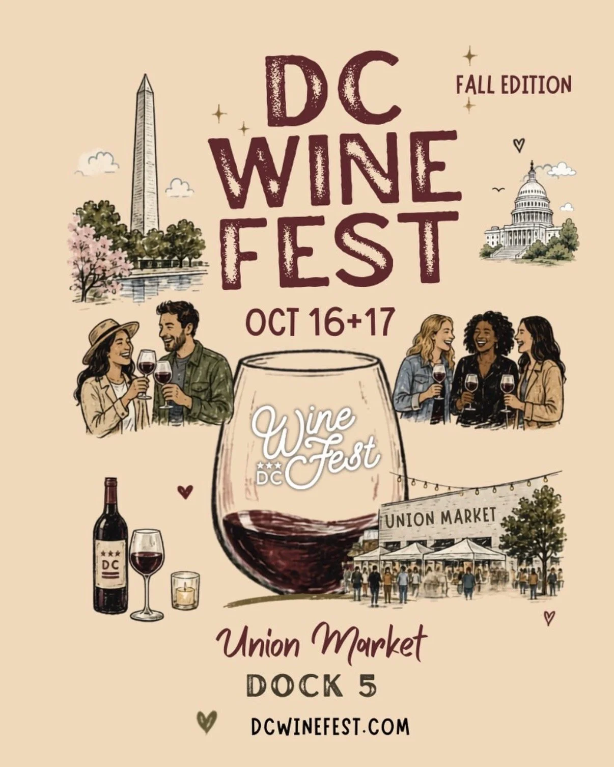 DC Wine Fest Fall Edition event poster for October 16 and 17, 2026 at Union Market in Washington, DC, featuring wine illustrations and DC landmarks.