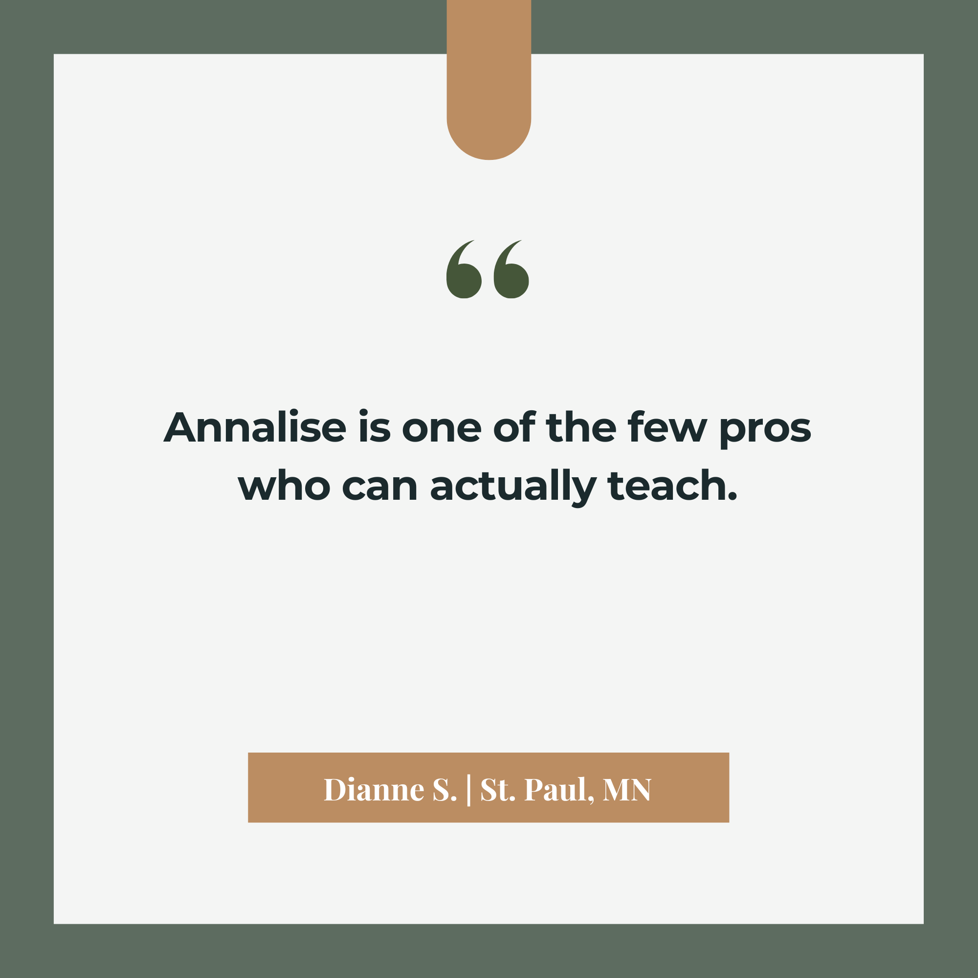 Quote graphic with a white background, green border, and brown tab at the top. Contains a quote in the center: "Annalse is one of the few pros who can actually teach." Credited to Dianne S., St. Paul, MN at the bottom.